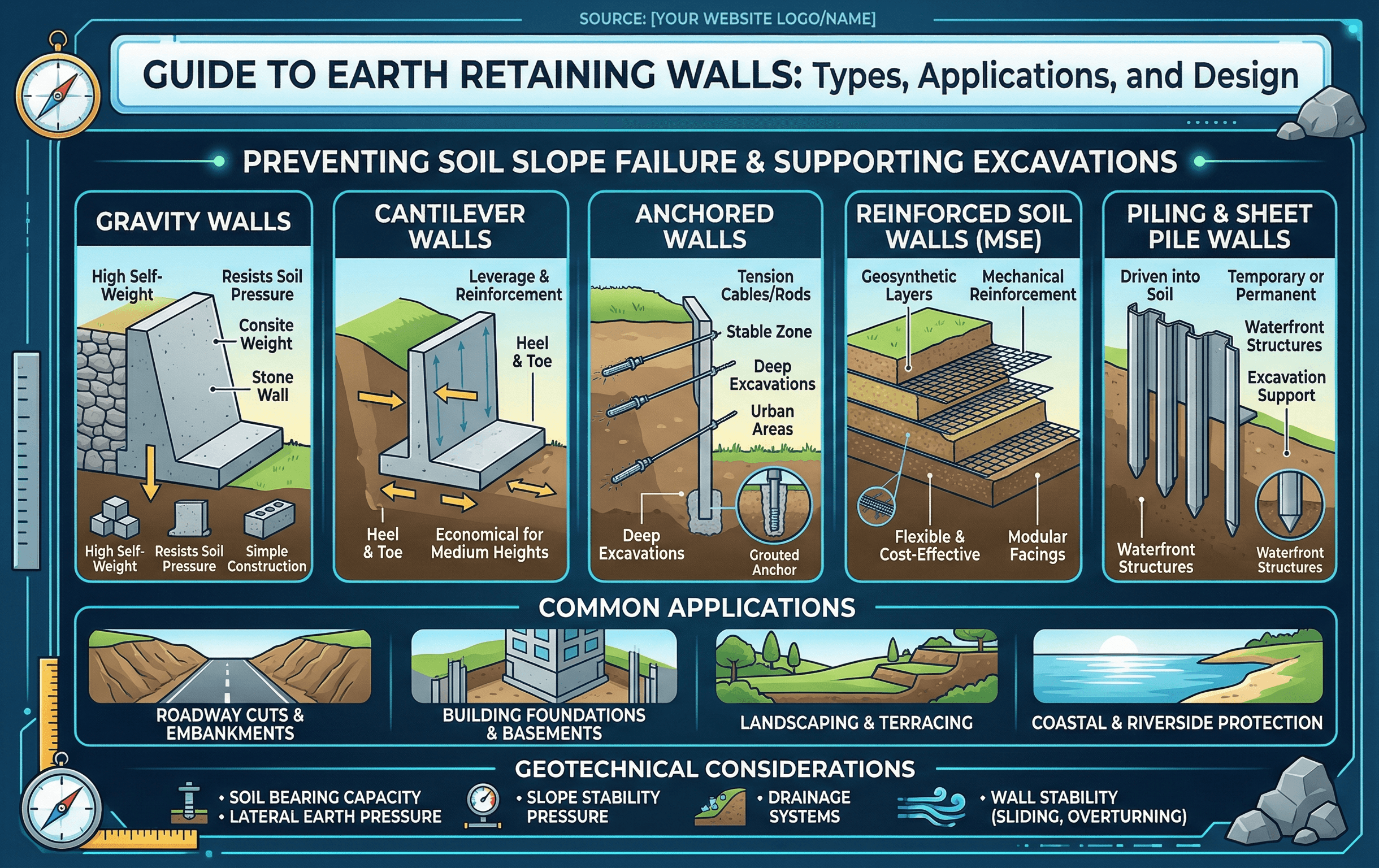 Earth retaining structures infographic showing common wall types, lateral earth pressure, drainage paths, surcharge loads, and key stability checks
