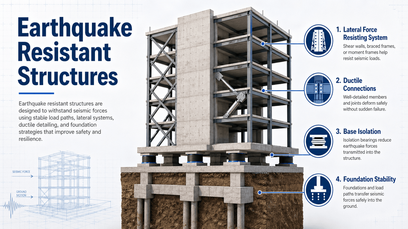 Diagram showing earthquake resistant structures using lateral bracing, shear walls, load paths, foundation anchorage, and controlled movement during seismic shaking