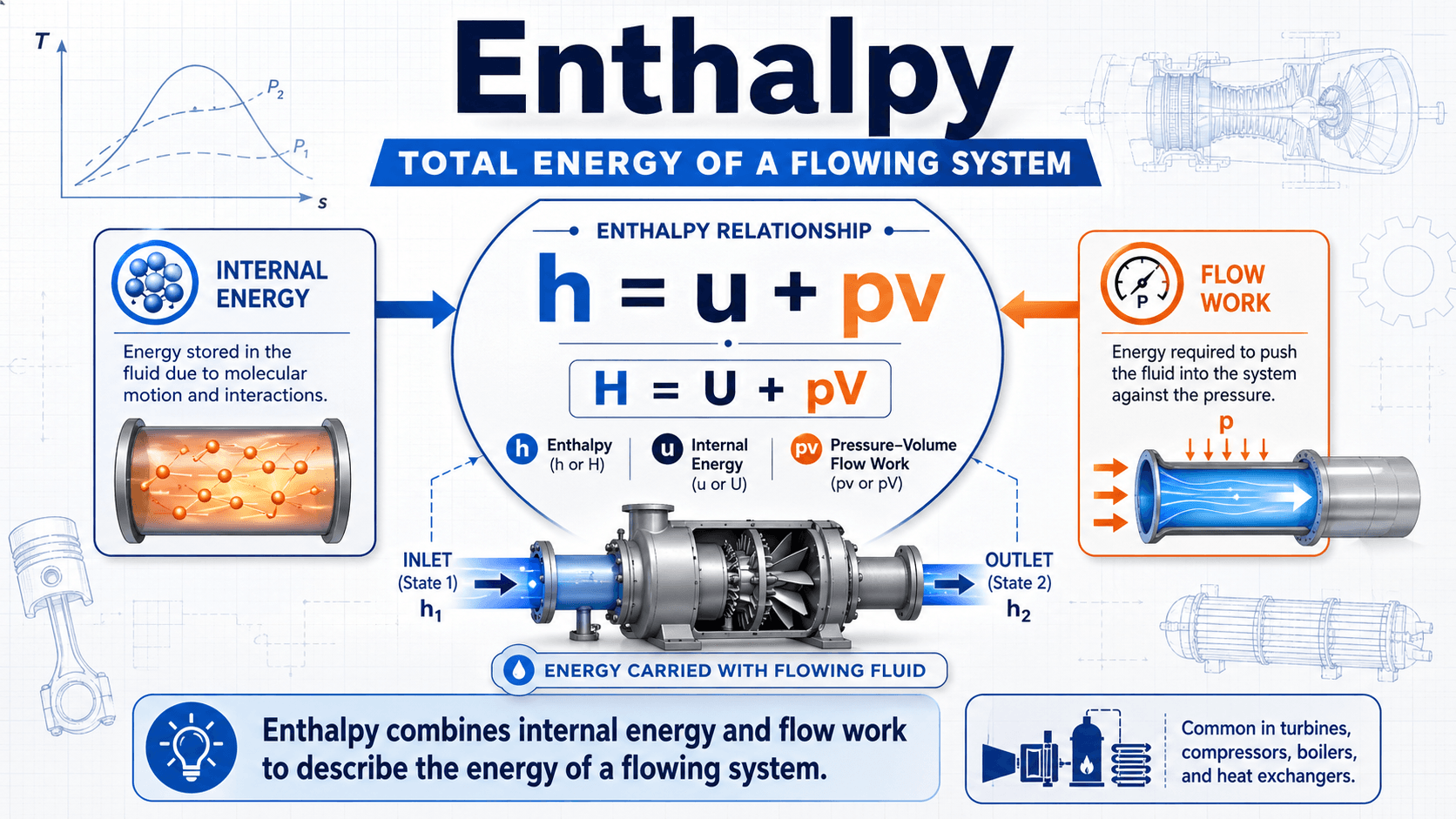 Diagram explaining enthalpy as internal energy plus pressure-volume energy in a thermodynamic system