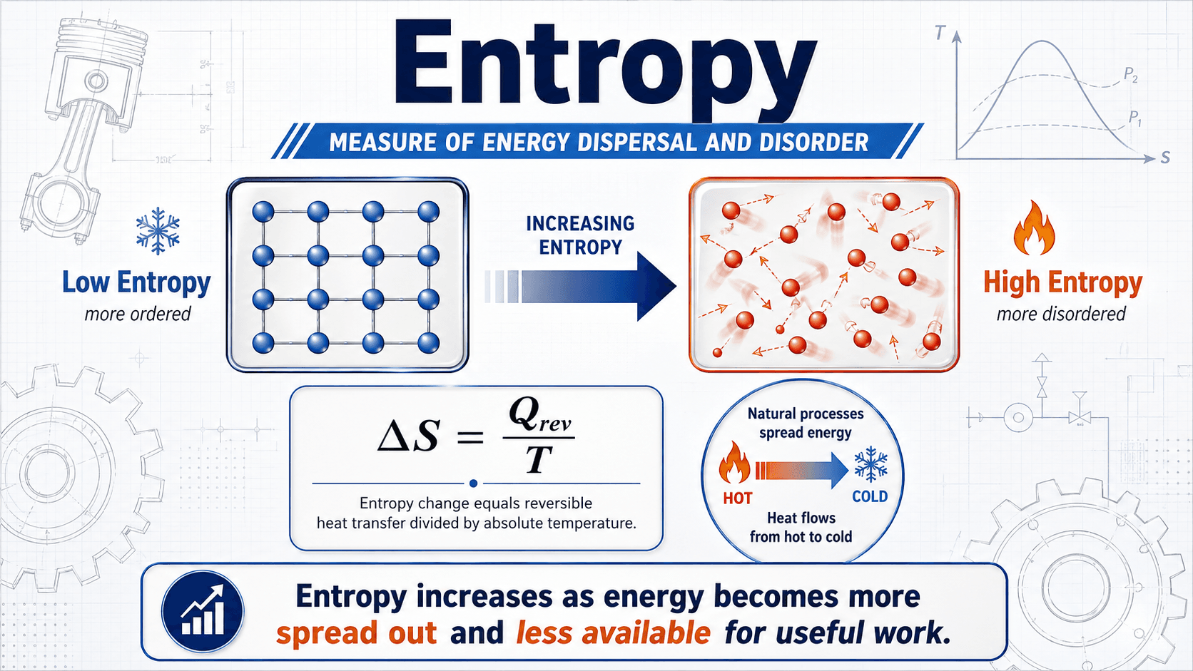 Entropy diagram showing energy dispersal, heat flow, molecular arrangements, and irreversibility in thermodynamic systems