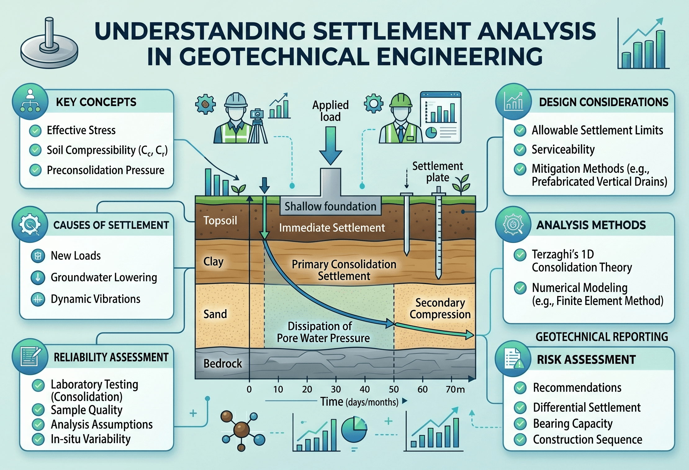 Instructional geotechnical diagram showing ground movement behavior and soil-related deformation patterns that help explain how settlement develops beneath foundations