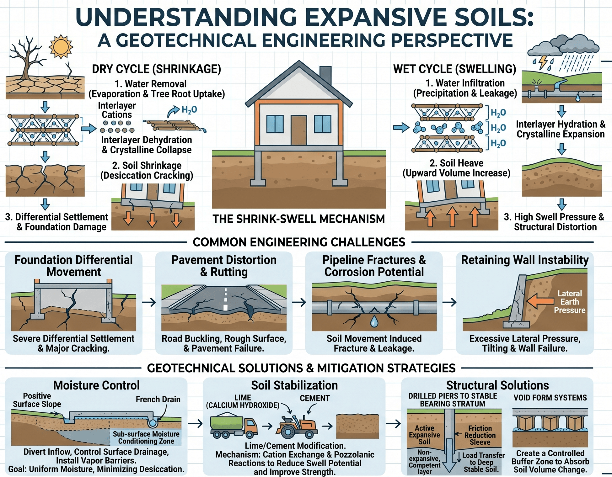 Instructional expansive soils infographic showing moisture change, active zone behavior, slab movement, cracking, vegetation and drainage effects, and shrink-swell risk pathways
