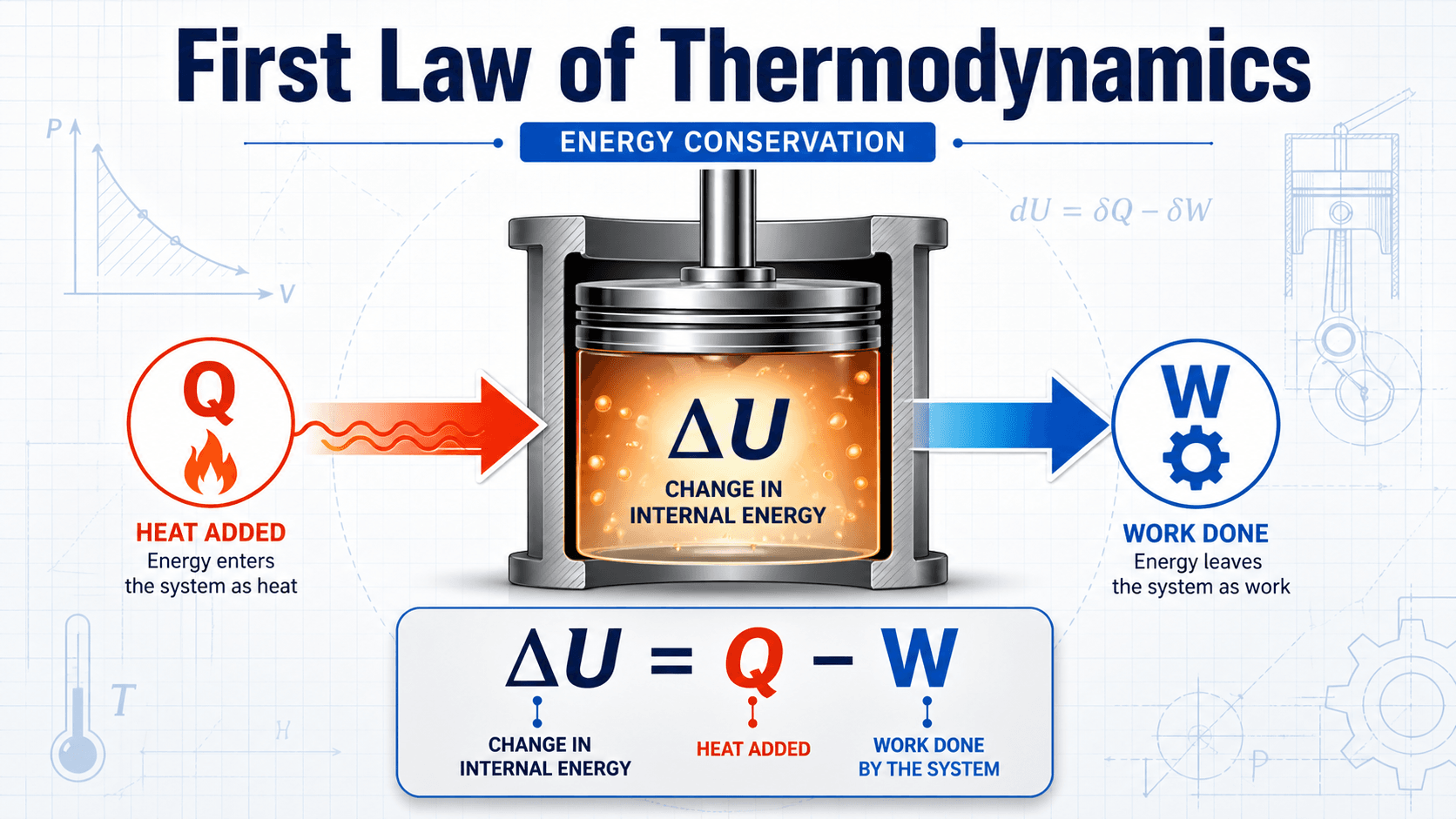 Diagram showing the First Law of Thermodynamics as an energy balance between heat added, work output, and change in internal energy