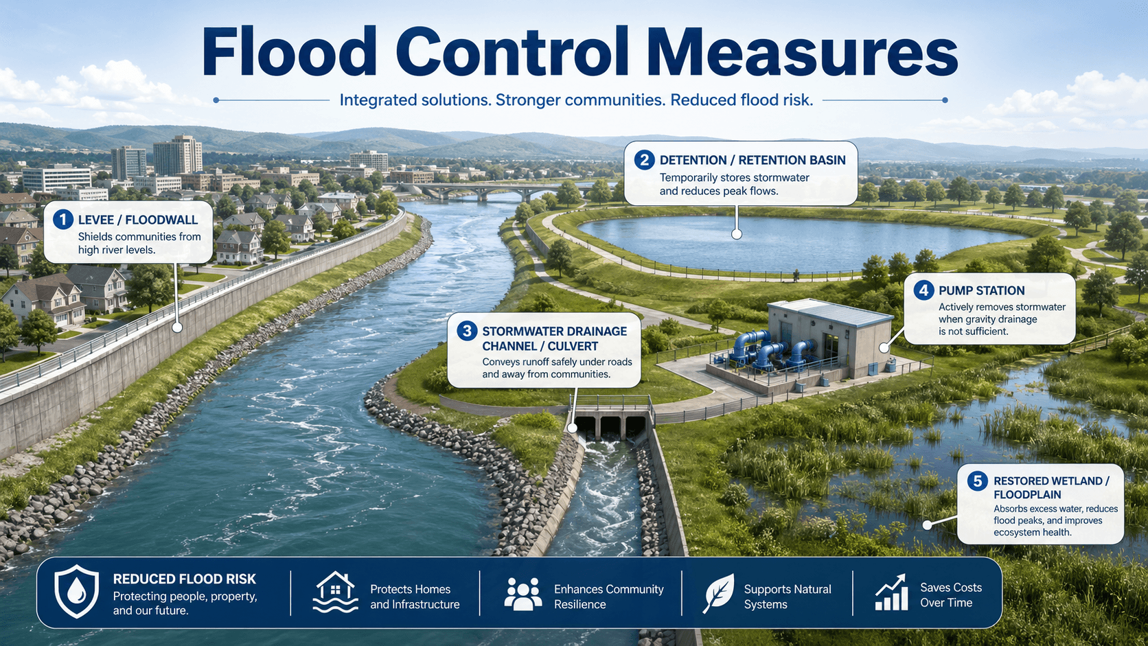 Instructional diagram showing flood control measures such as detention storage, levees, floodwalls, channel conveyance, warning systems, and floodplain planning.