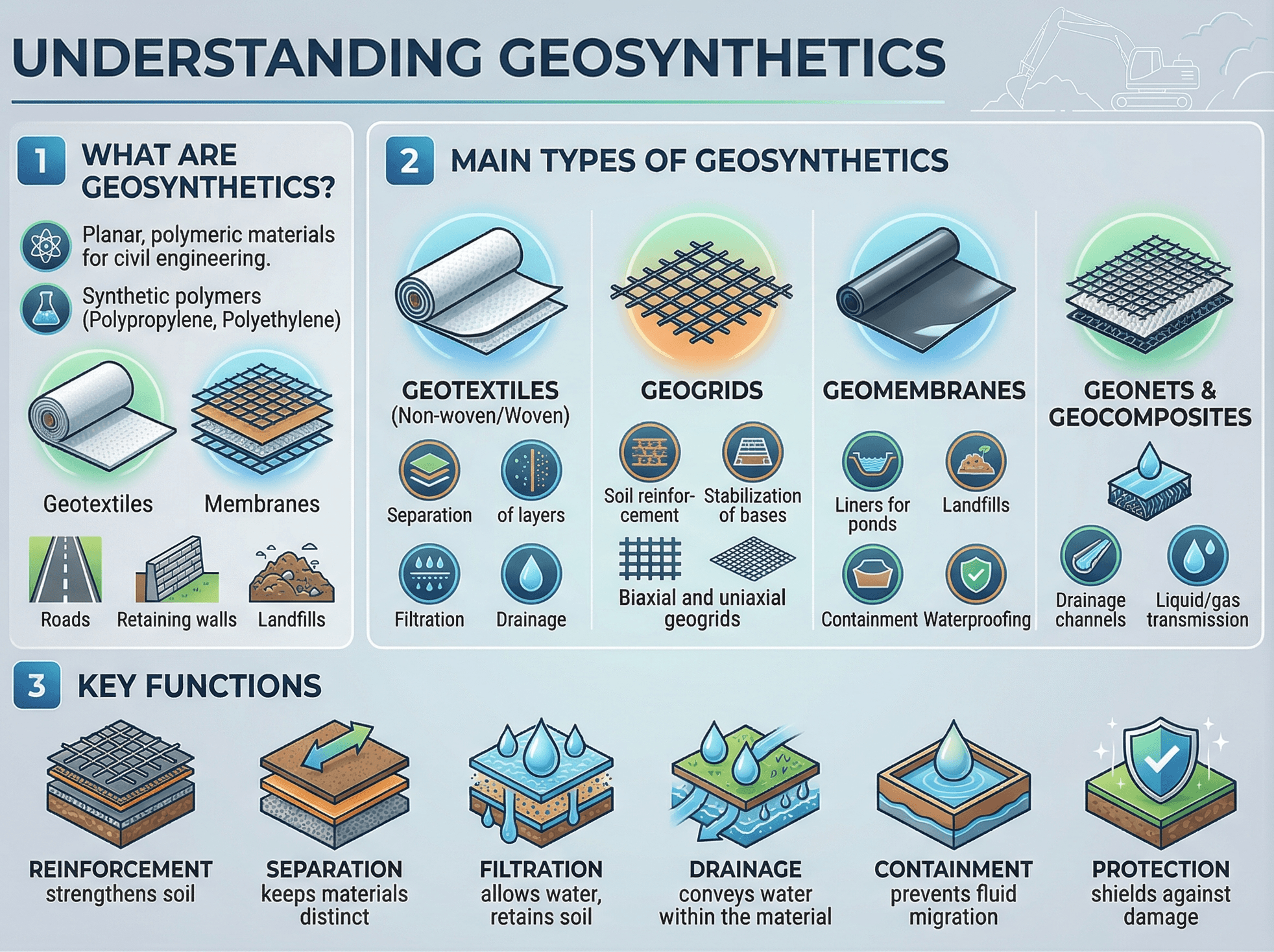 Instructional infographic showing the main types of geosynthetics and how they work in separation, filtration, drainage, reinforcement, protection, and containment applications