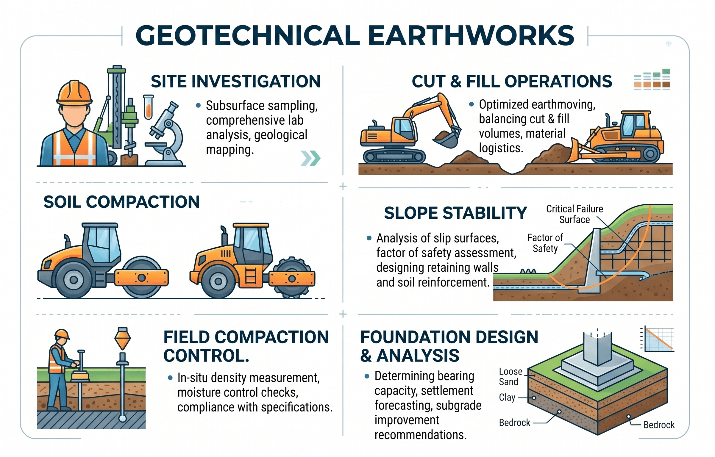 Instructional geotechnical earthworks infographic showing excavation, fill placement, compaction, moisture control, slopes, drainage paths, and performance checks across an engineered site