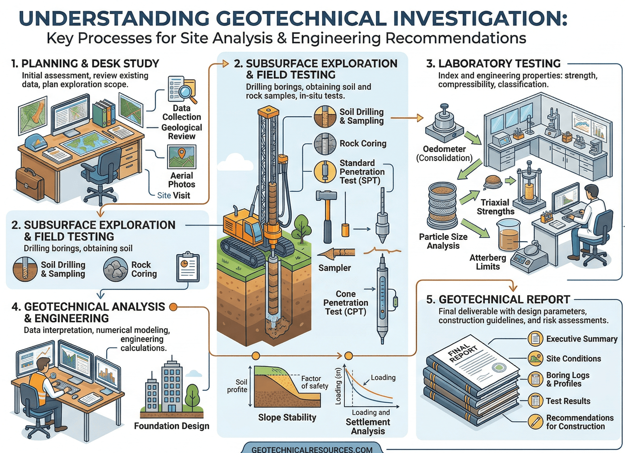 Instructional geotechnical investigation infographic showing borings, sampling, groundwater observations, testing, and interpretation of the subsurface profile for design