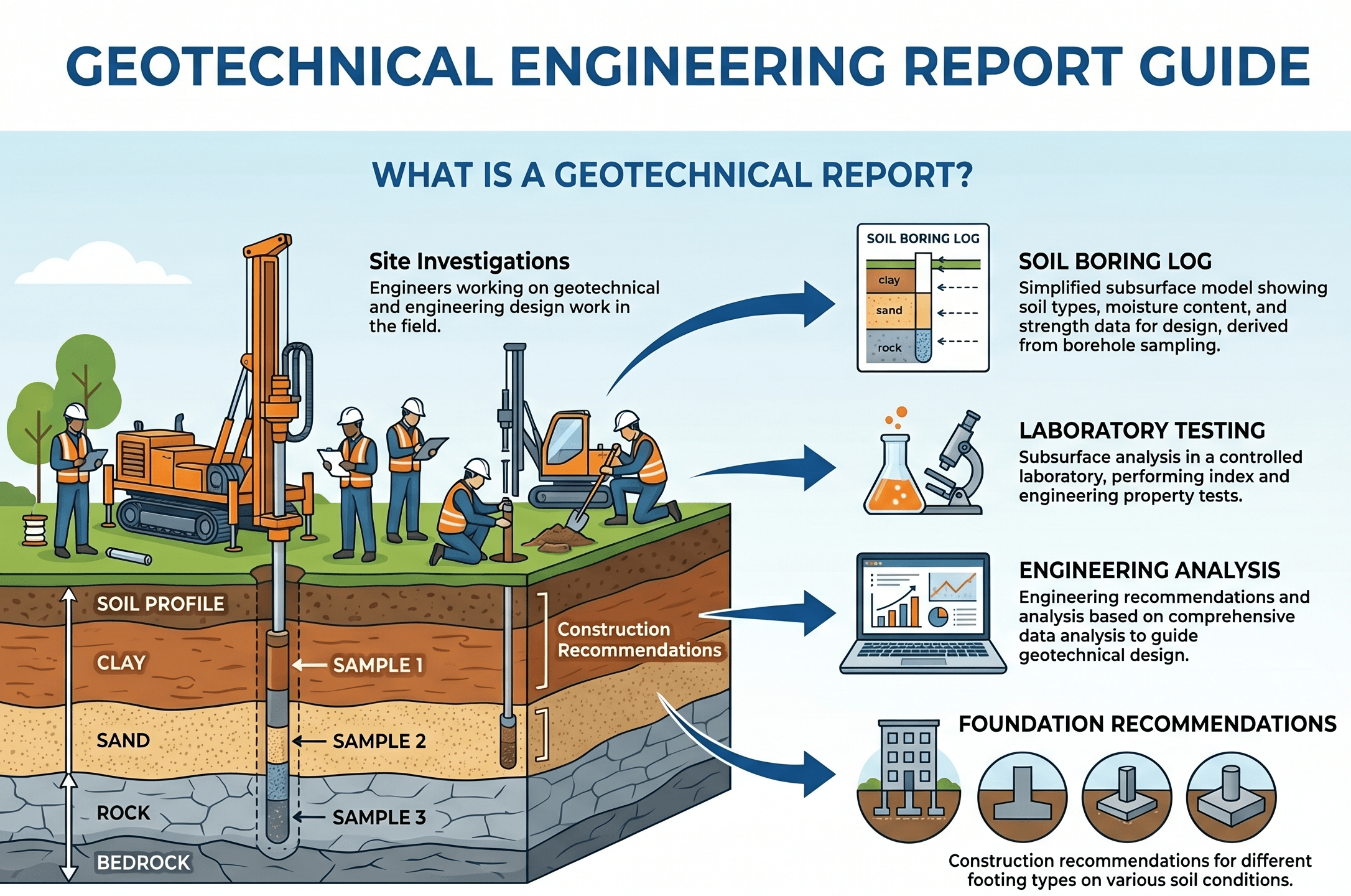 Instructional infographic showing how a geotechnical report connects site exploration, soil and groundwater data, interpreted subsurface conditions, and engineering recommendations