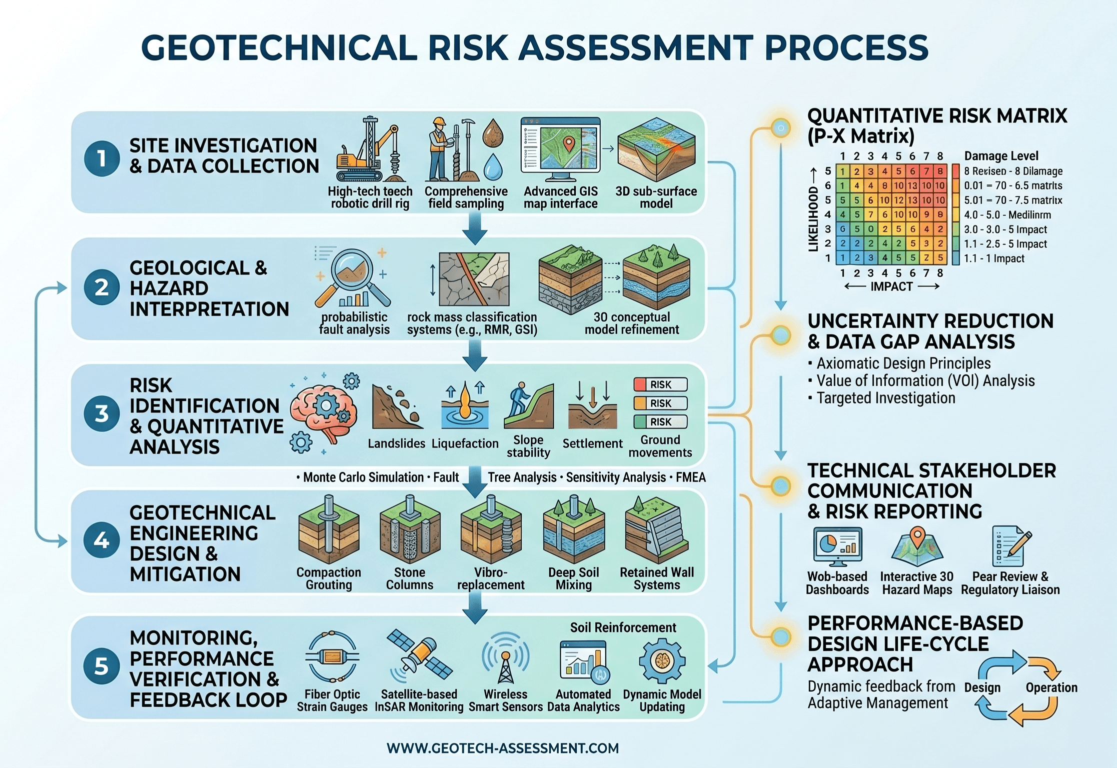 Instructional infographic showing how geotechnical risk assessment connects subsurface hazards, uncertainty, likelihood, consequence, and mitigation decisions on engineering projects