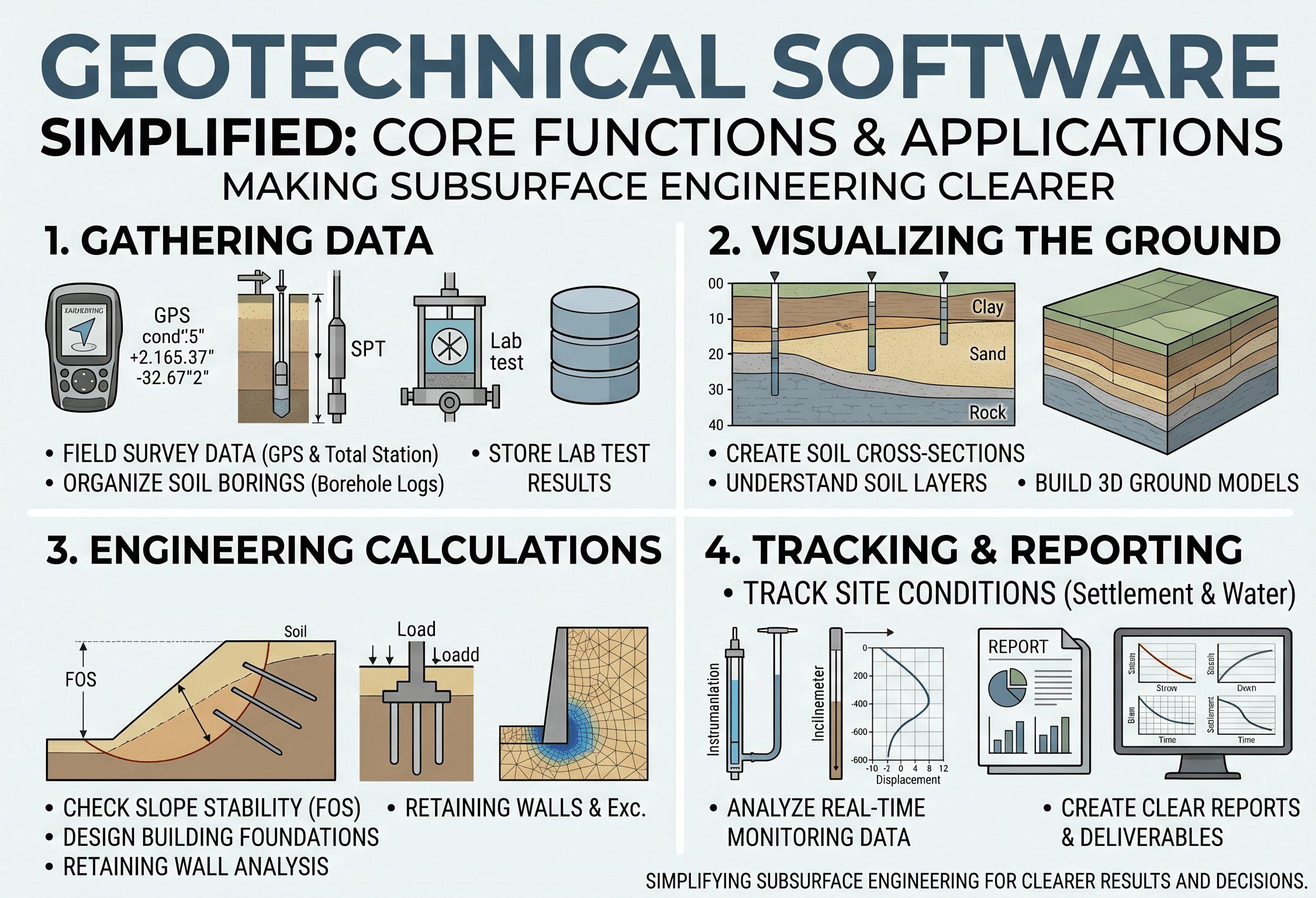 Instructional infographic showing how geotechnical software connects field data, lab testing, groundwater, material models, and design checks for geotechnical engineering decisions
