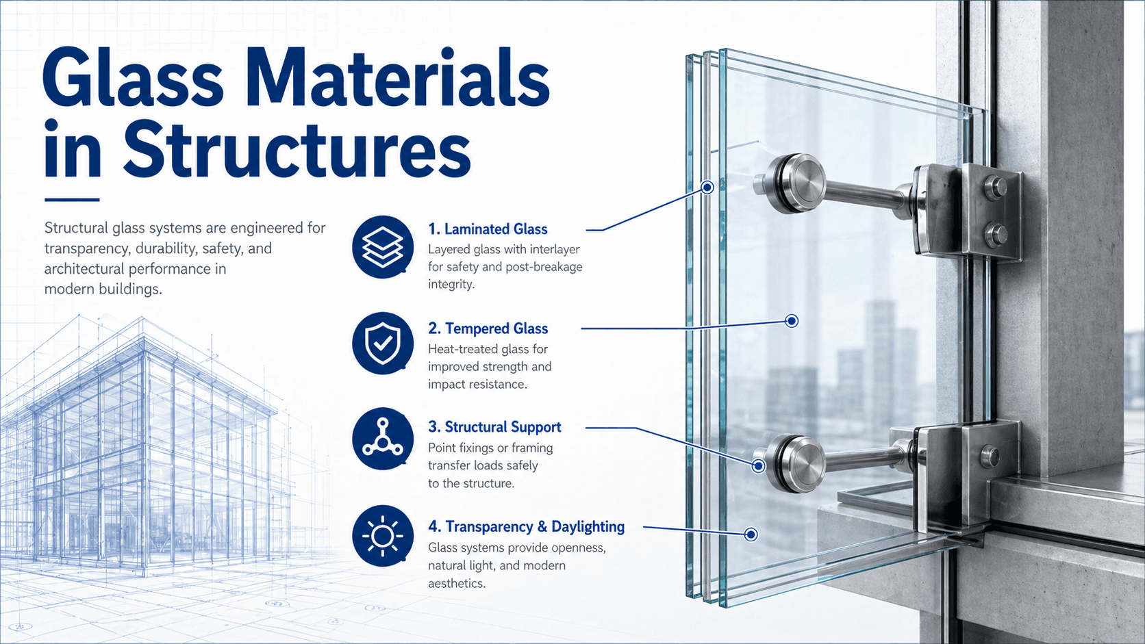 Instructional diagram showing glass materials in structures, including glass types, structural applications, safety behavior, and design considerations