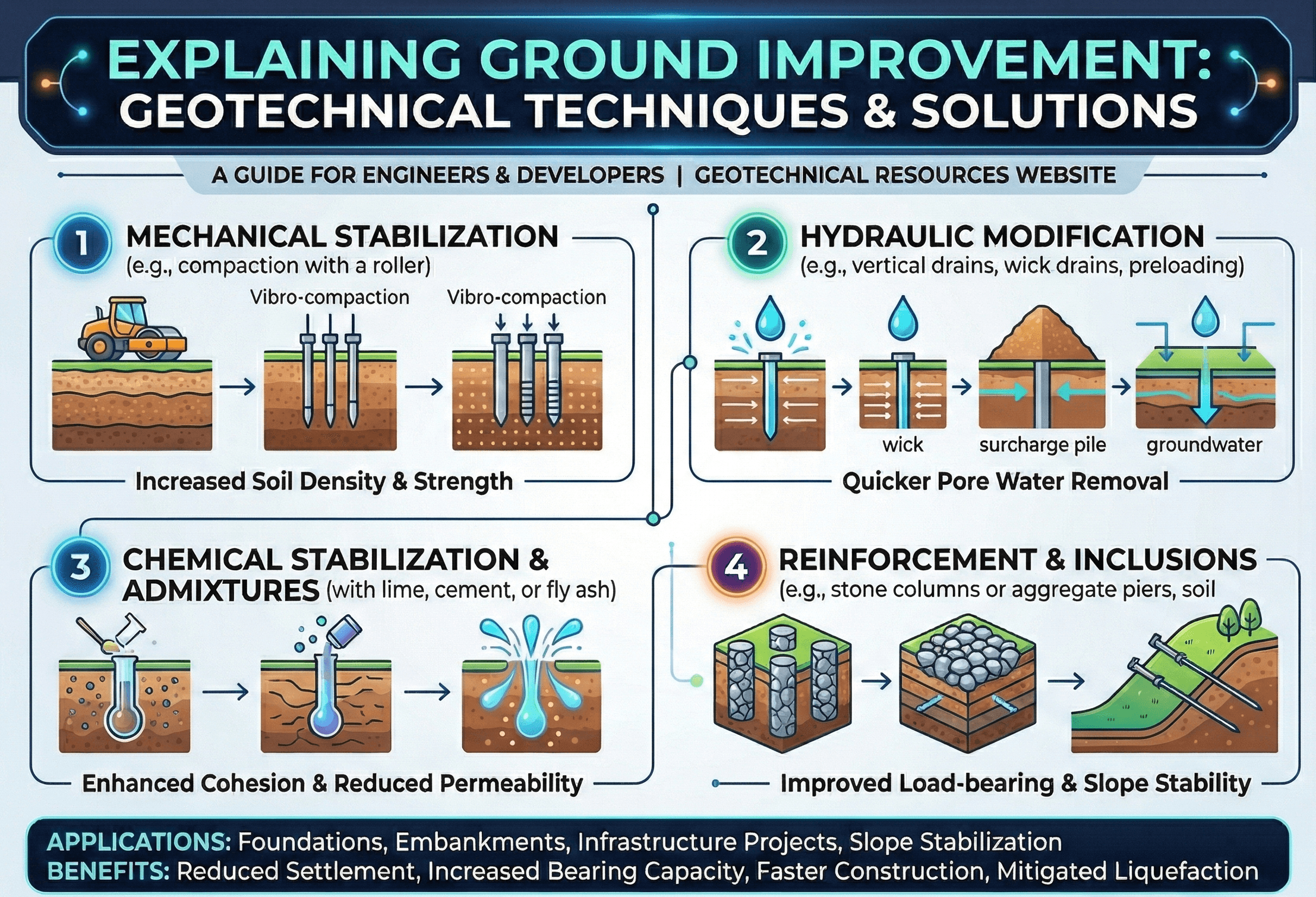 Ground improvement infographic showing how densification, drainage, reinforcement, mixing, and grouting are used to improve weak ground for foundations, slabs, embankments, and seismic performance
