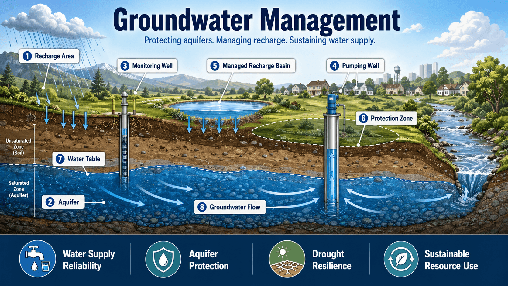 Instructional diagram showing groundwater management with recharge, aquifer storage, pumping wells, monitoring, contamination protection, and surface water interaction