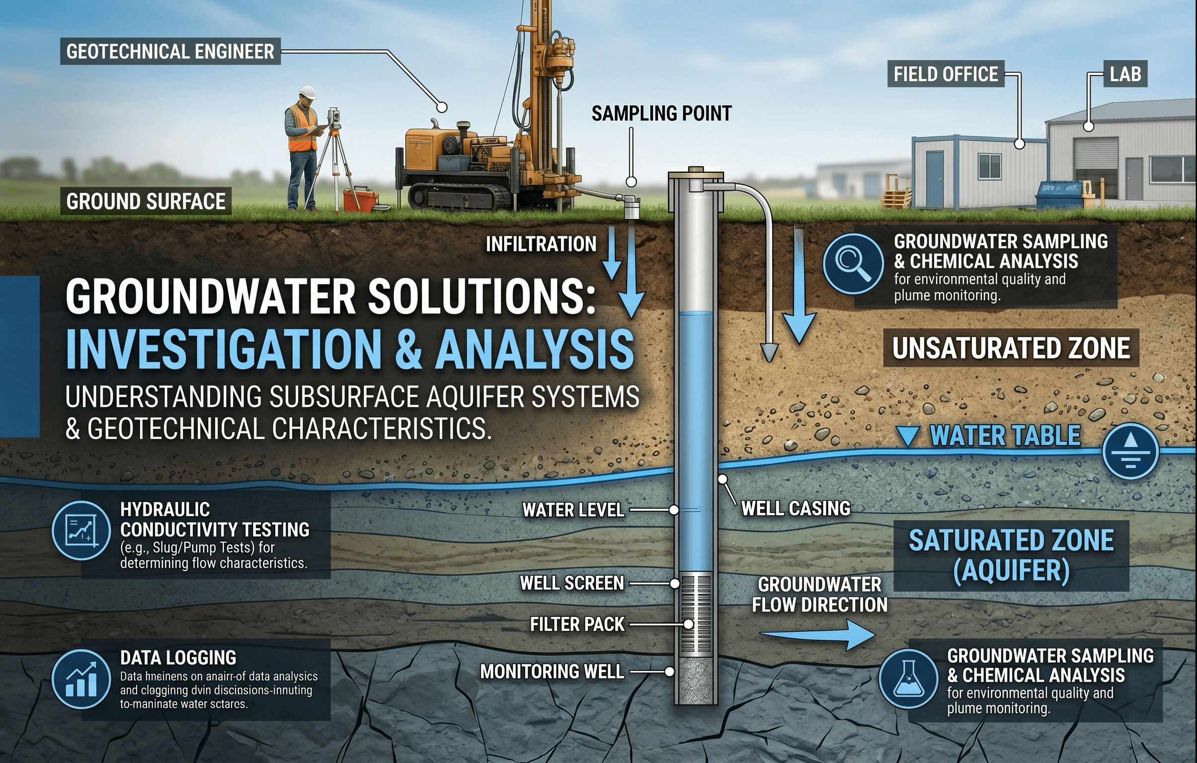Instructional groundwater infographic showing the water table, pore water pressure, seepage paths, and how subsurface water affects geotechnical behavior