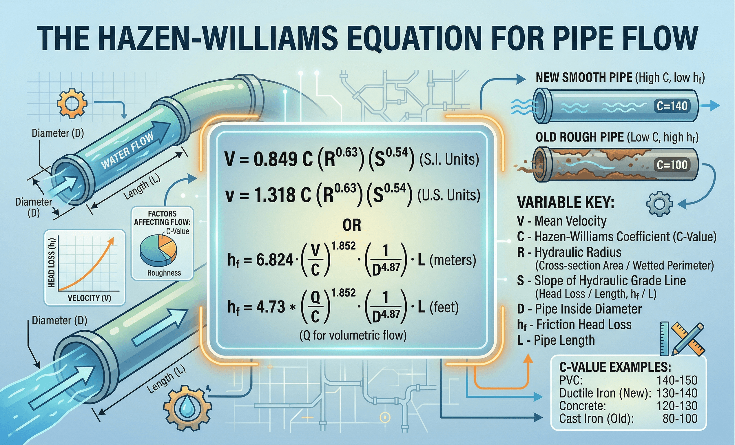 Diagram showing the Hazen-Williams equation variables for water flow in a full pressurized pipe