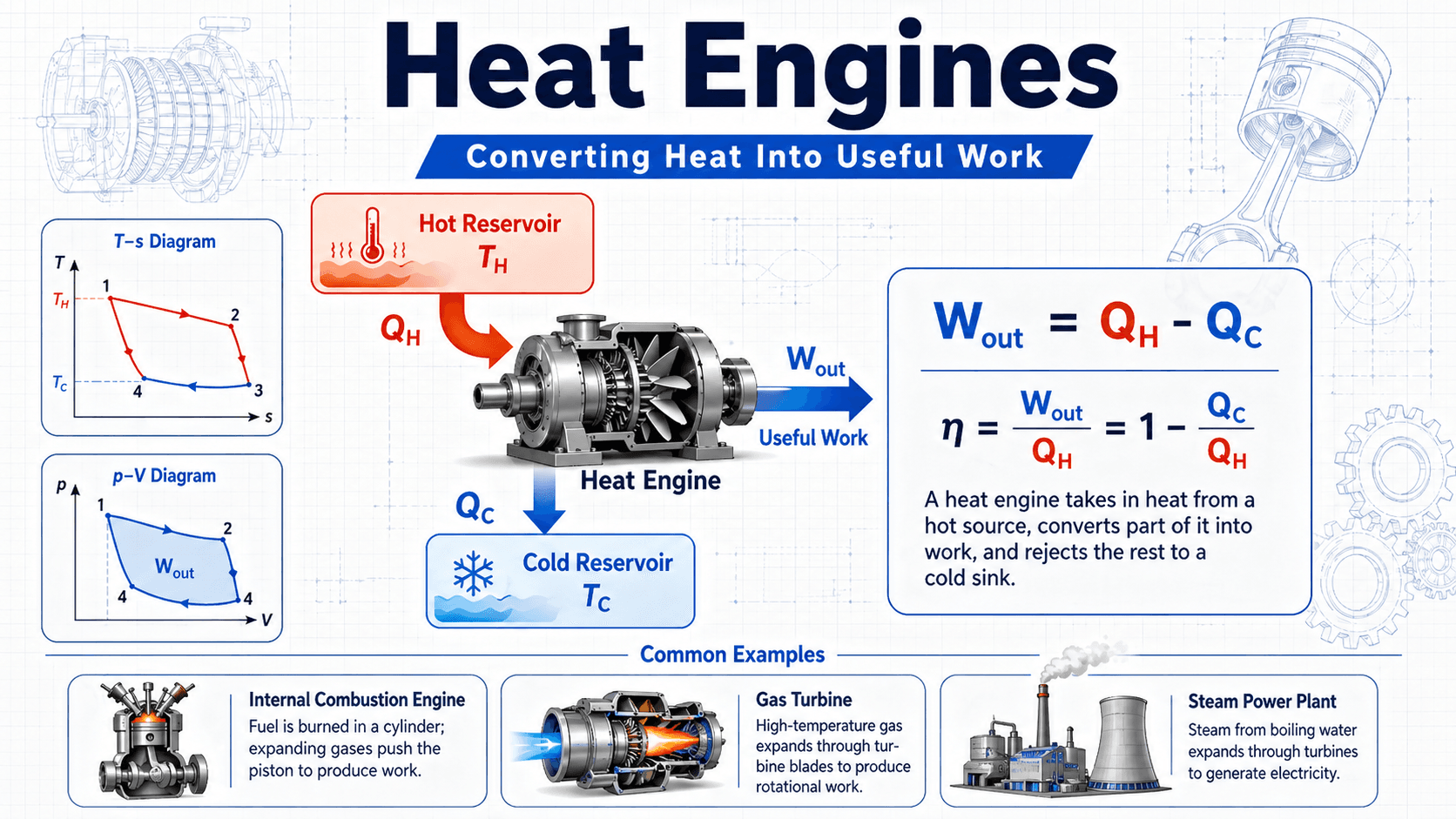 Diagram showing a heat engine receiving heat from a hot source, producing useful work, and rejecting waste heat to a cold sink