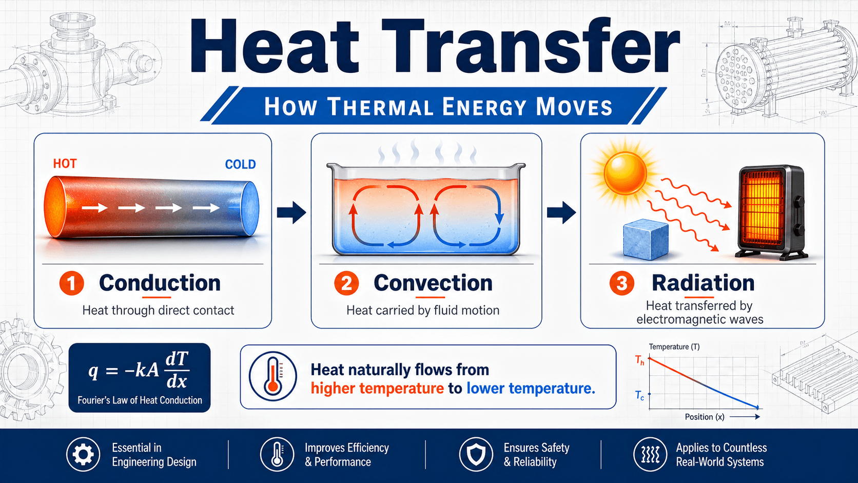 Diagram explaining heat transfer by conduction, convection, and radiation in a mechanical engineering context