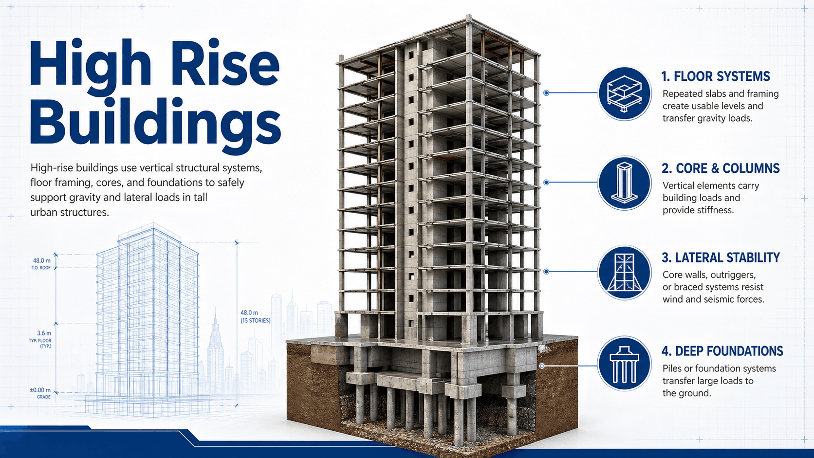 High rise buildings diagram showing structural systems, vertical load paths, lateral load resistance, foundations, and building services coordination