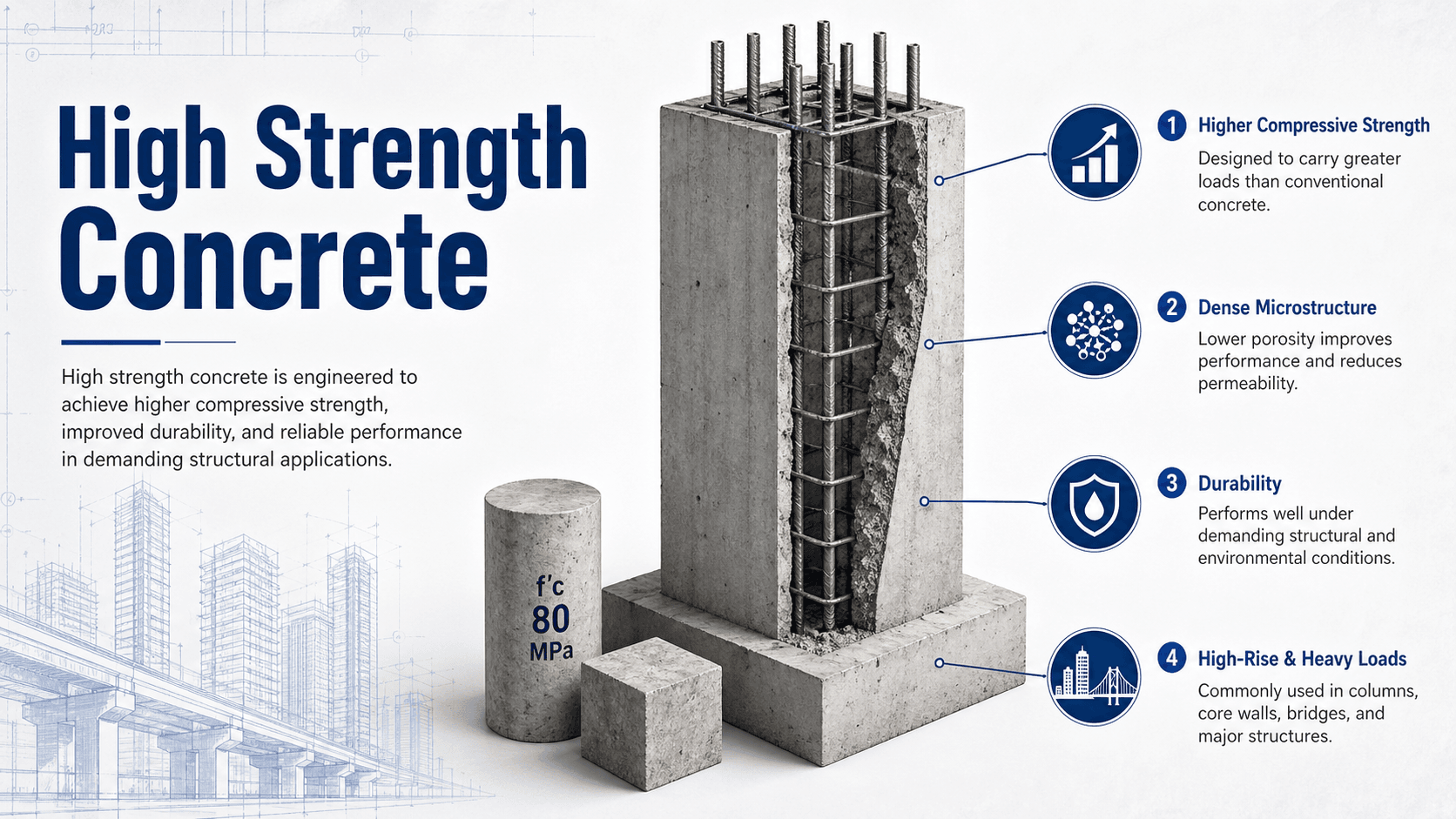 High strength concrete diagram showing how low water-cementitious ratio, dense paste, aggregate quality, admixtures, curing, and quality control contribute to structural performance