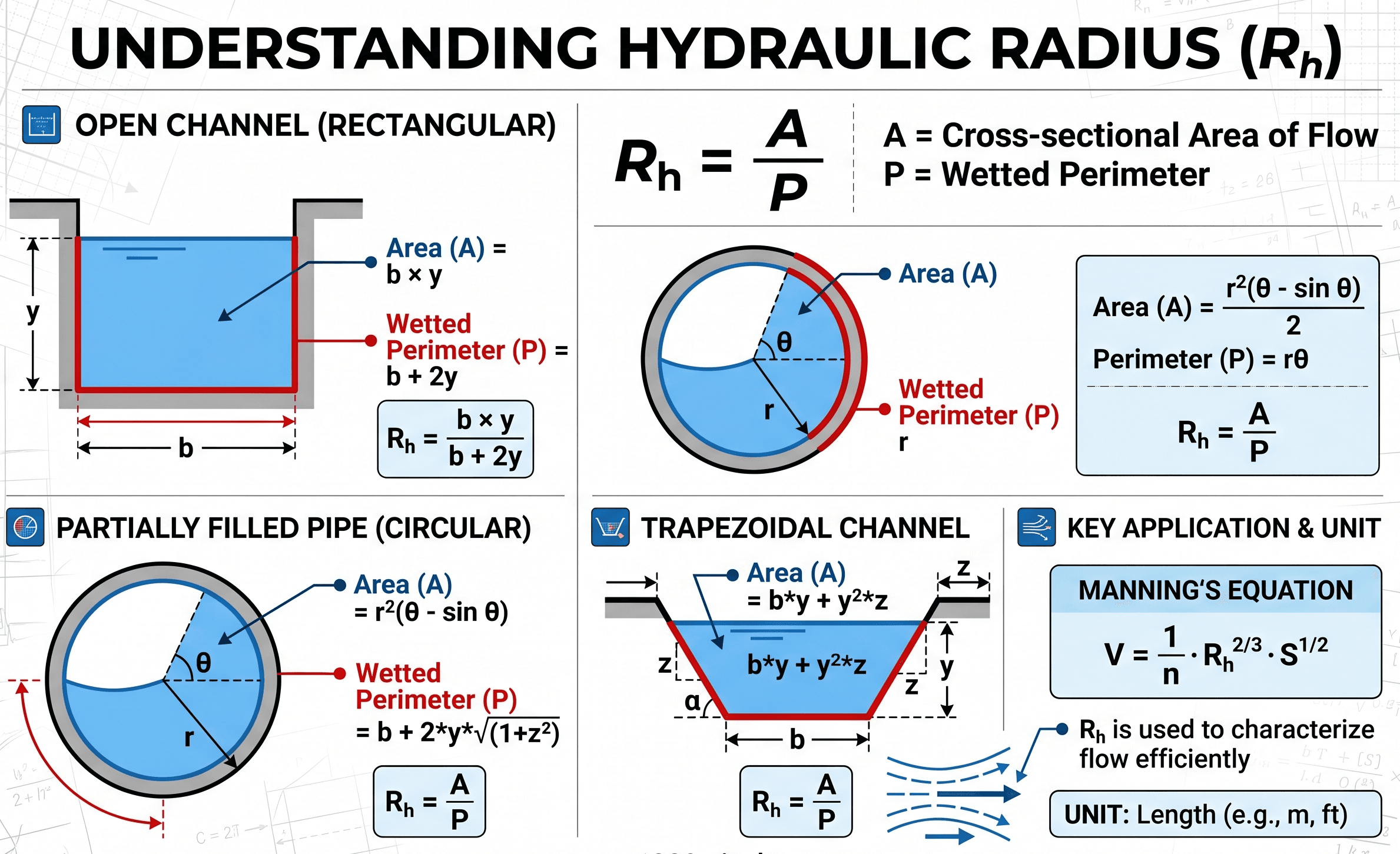 Hydraulic radius diagram showing flow area and wetted perimeter used in the R sub h equals A divided by P sub w formula