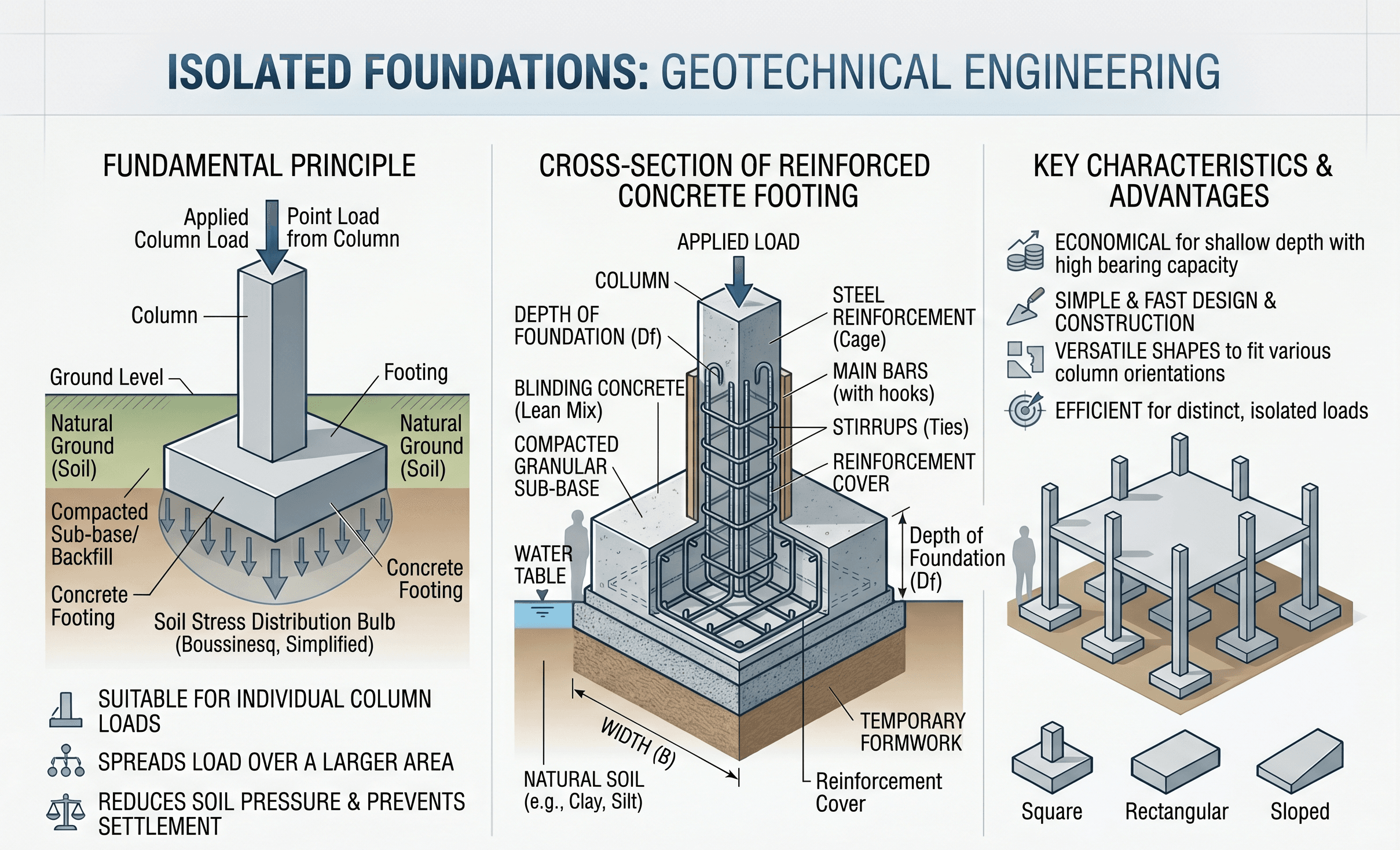 Instructional isolated foundations infographic showing a single column footing, load transfer into soil, footing plan dimensions, embedment depth, bearing zone, and settlement-related checks