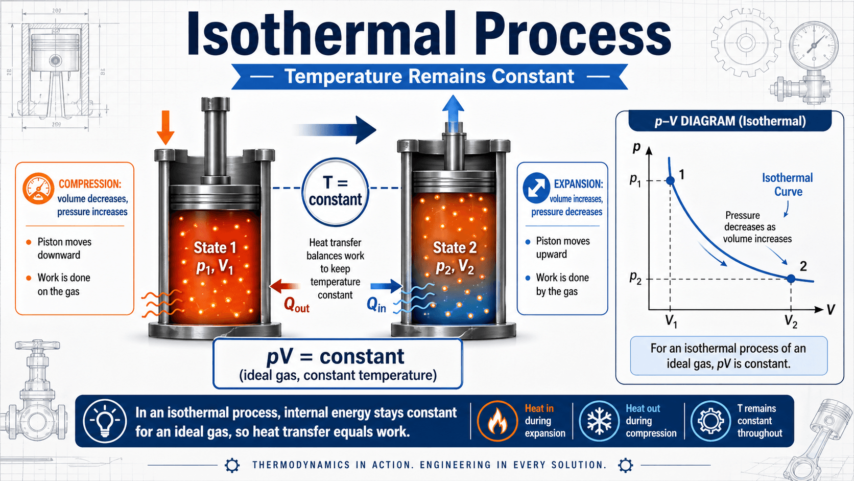 Diagram explaining an isothermal process with constant temperature, pressure-volume change, heat transfer, and work interaction
