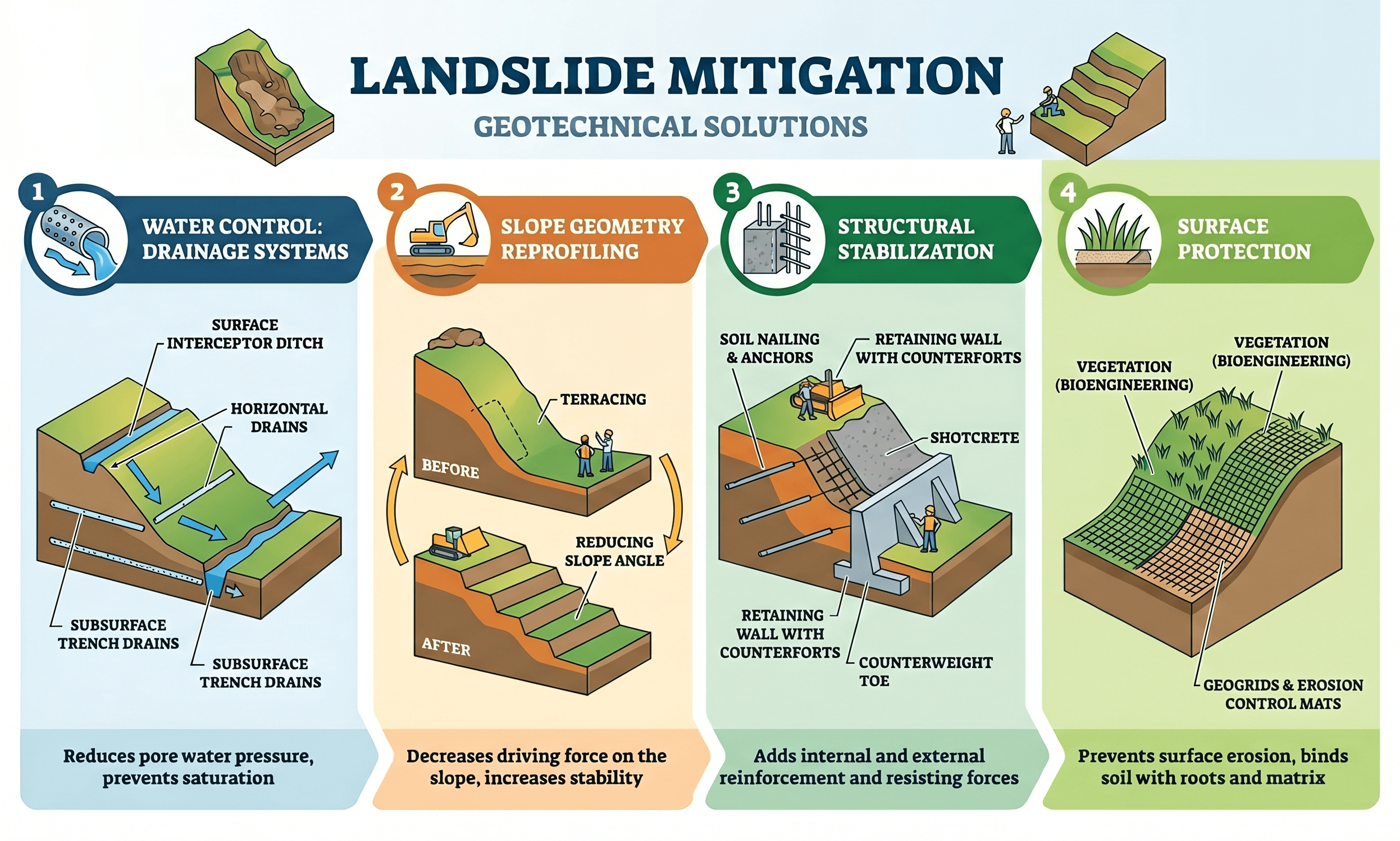 Instructional landslide mitigation infographic showing drainage systems, slope regrading, structural stabilization, and surface protection methods used to improve slope stability