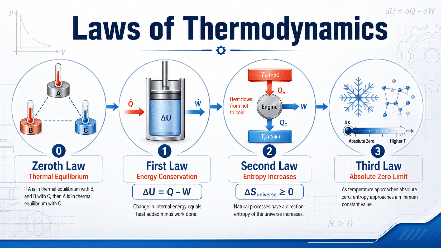 Diagram showing the zeroth, first, second, and third laws of thermodynamics and how they relate to temperature, energy, entropy, and absolute zero