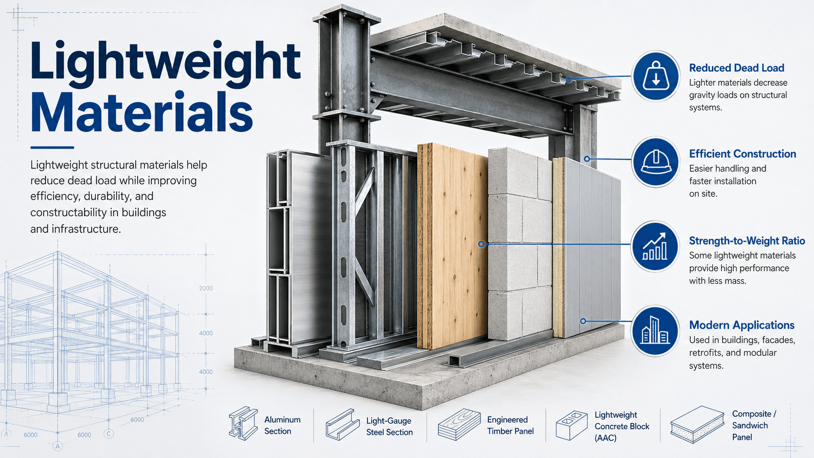 Diagram showing lightweight materials used in structural engineering, including reduced dead load, material options, and design tradeoffs