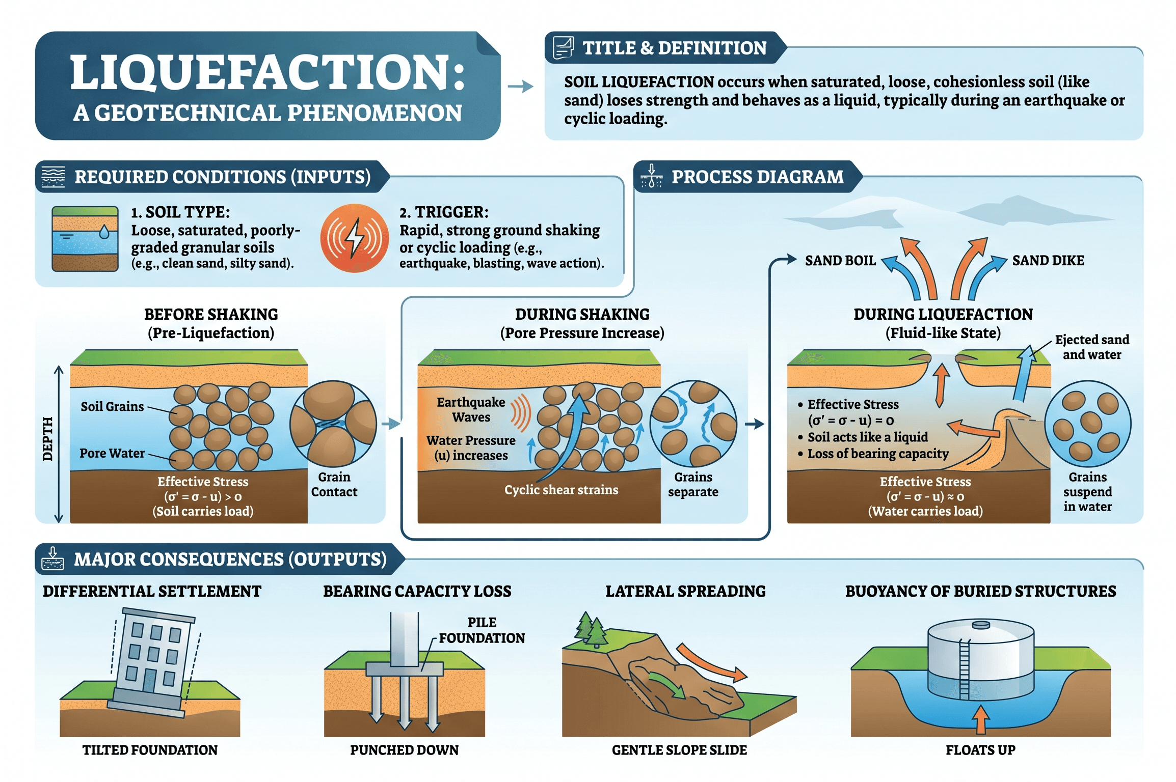 Instructional liquefaction infographic showing earthquake shaking, rising pore-water pressure, reduced effective stress, settlement, and lateral spreading in saturated granular soil