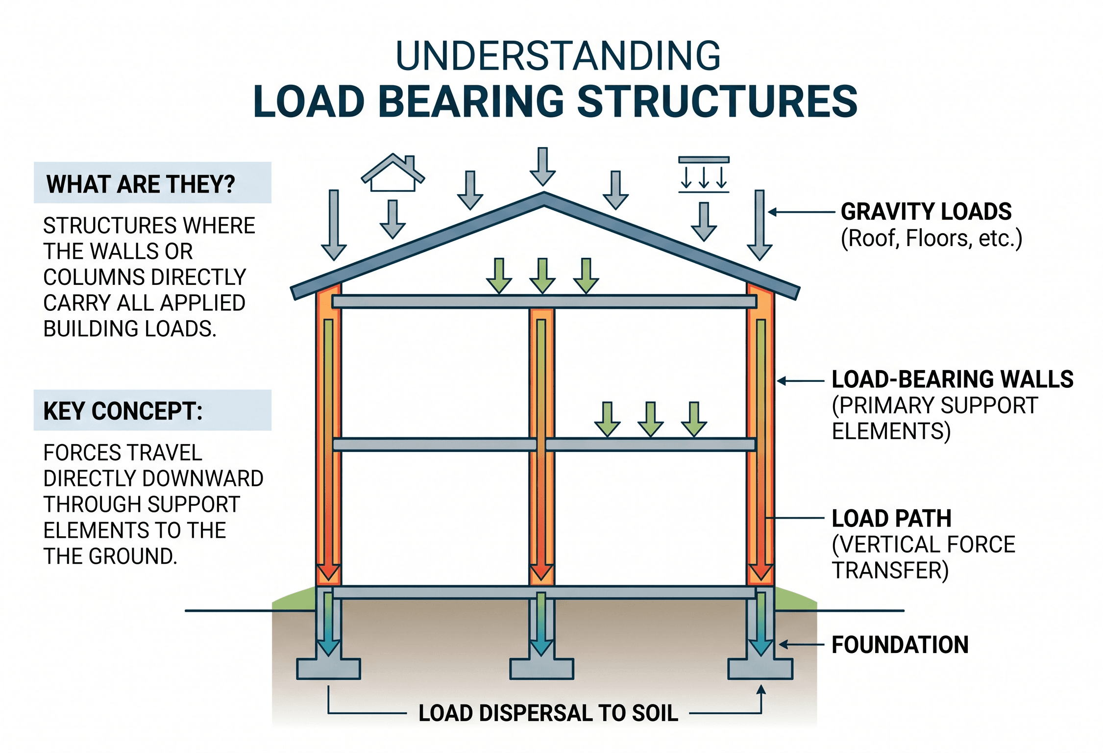 Infographic explaining how load bearing structures transfer roof, floor, wall, and lateral loads through structural members into the foundation