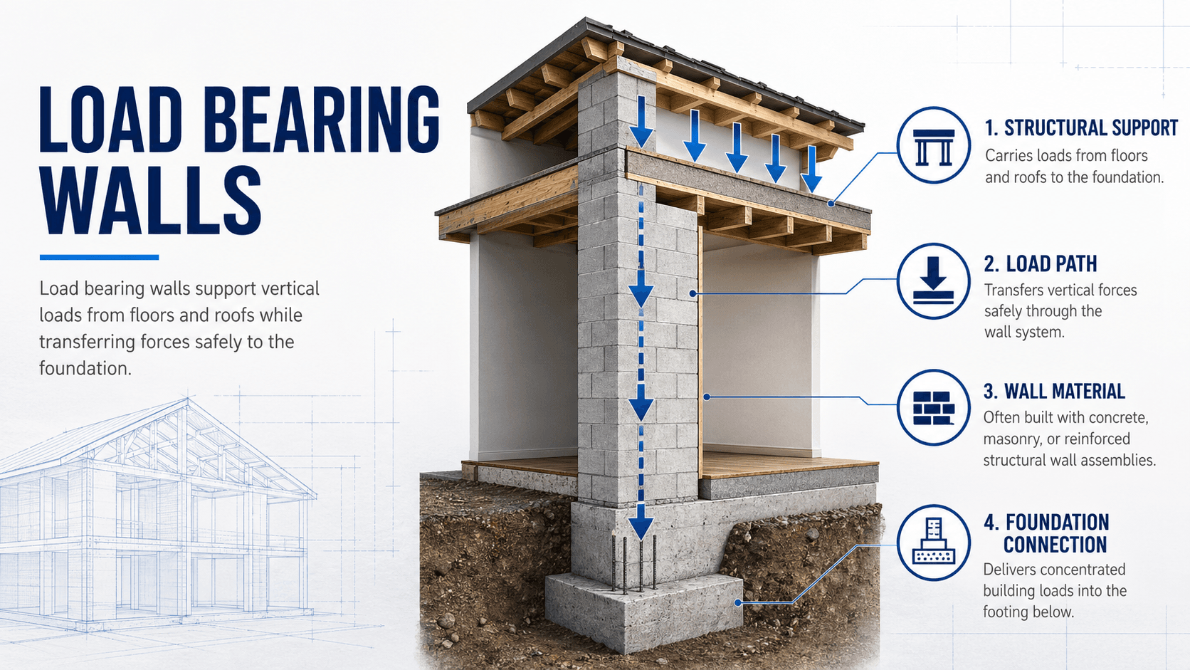 Diagram showing how load bearing walls transfer roof and floor loads through wall framing to beams, posts, foundations, and soil