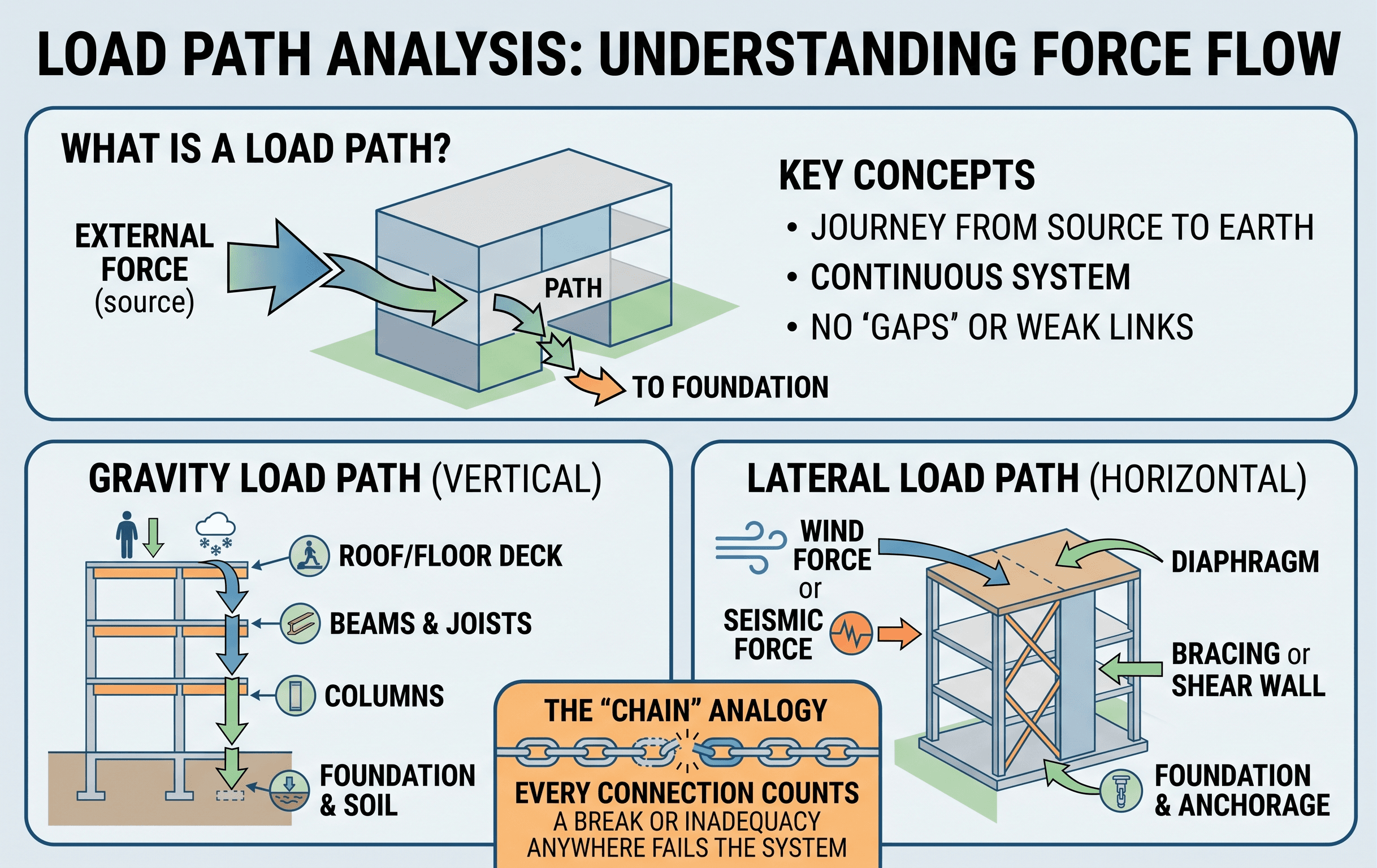 Instructional load path analysis diagram showing forces moving through slabs, beams, columns, walls, connections, foundations, and soil