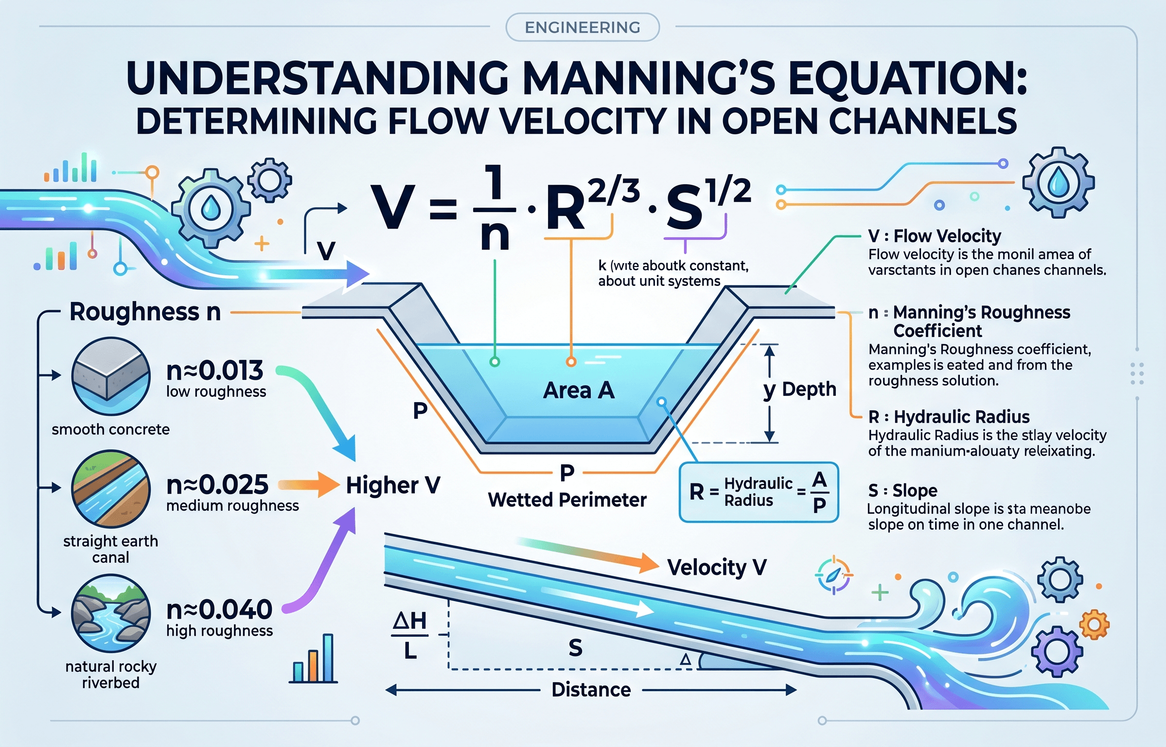 Manning's Equation diagram showing open channel flow rate, wetted area, hydraulic radius, slope, and roughness coefficient