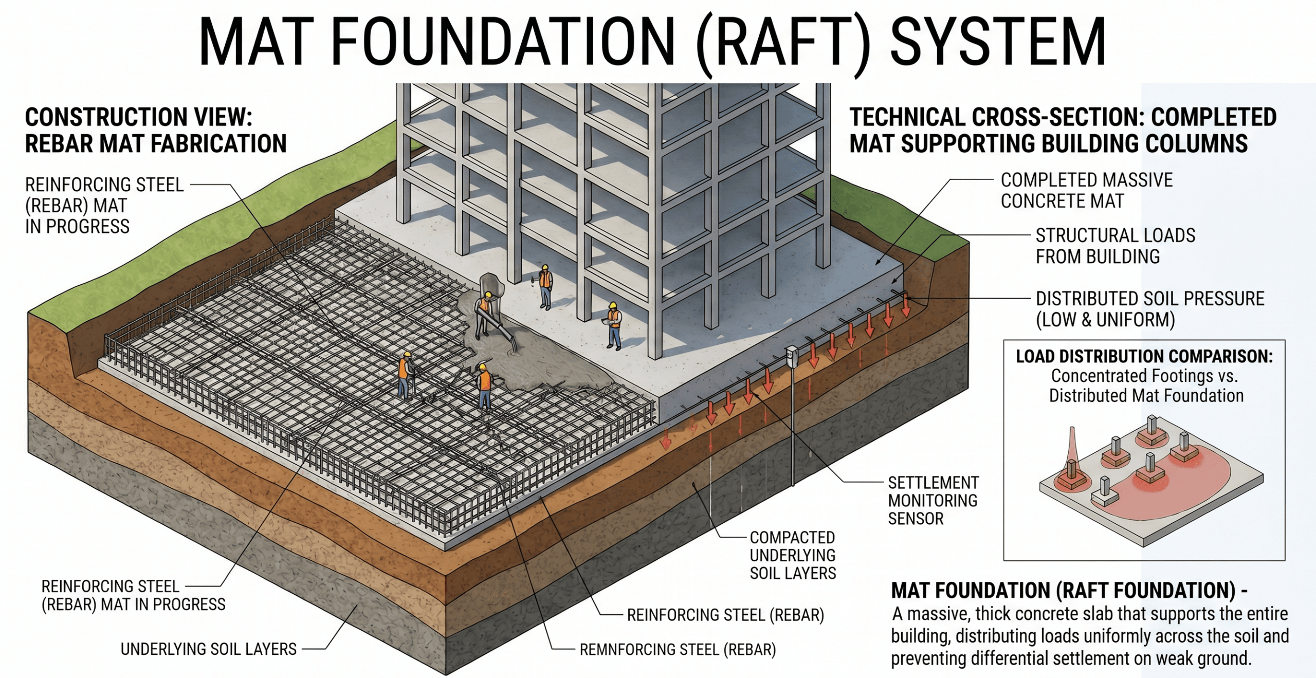 Instructional mat foundations infographic showing columns, slab, contact pressure distribution, soil layers, and settlement behavior beneath a large reinforced concrete foundation