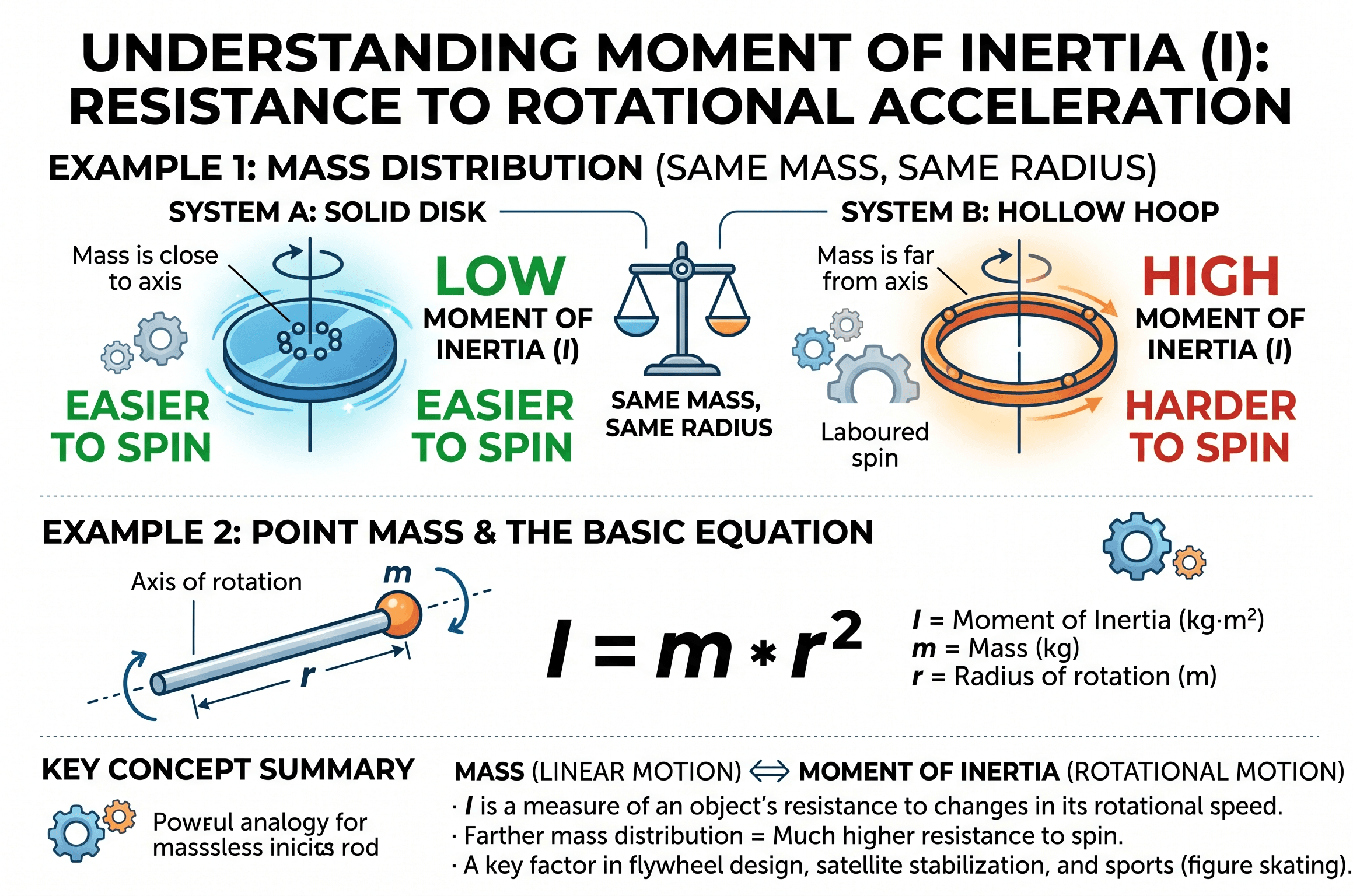 Moment of inertia infographic showing how distance from an axis affects area and mass contribution in engineering calculations