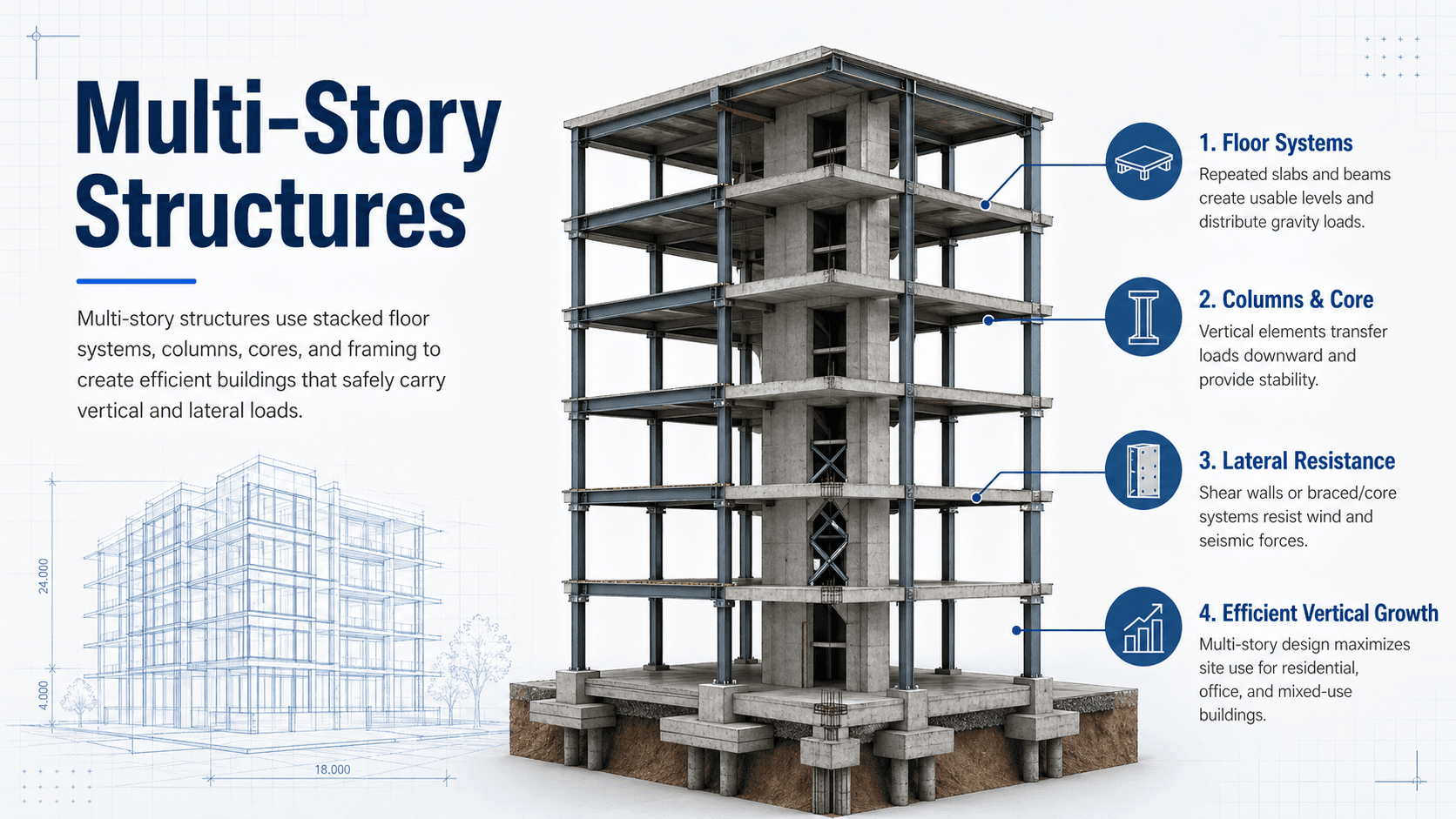 Diagram of a multi-story structure showing floor systems, vertical supports, lateral resistance, foundations, and load transfer through the building