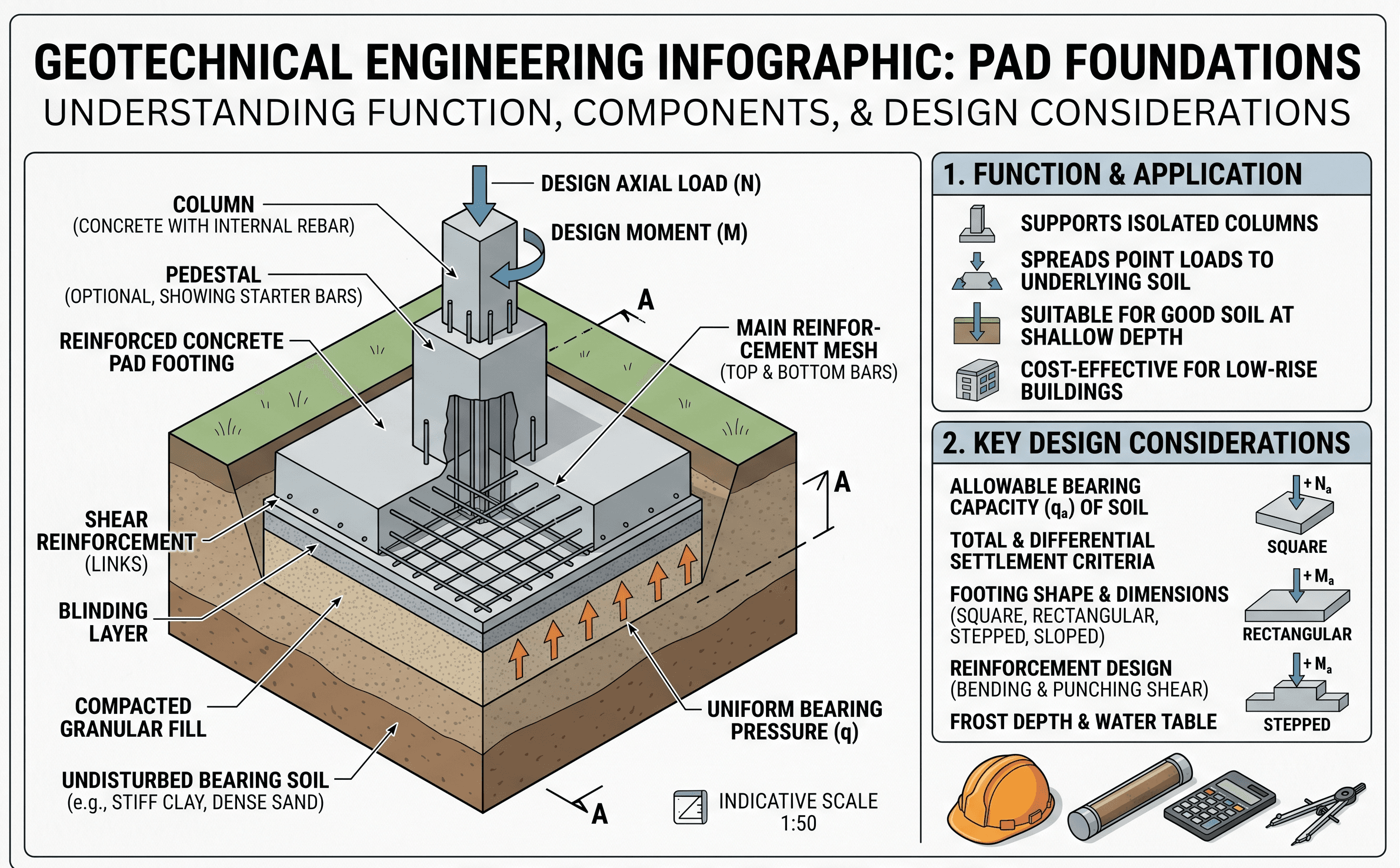 Instructional diagram of a pad foundation showing a column load, footing width and thickness, embedment, soil contact pressure, and the bearing and settlement checks engineers review.