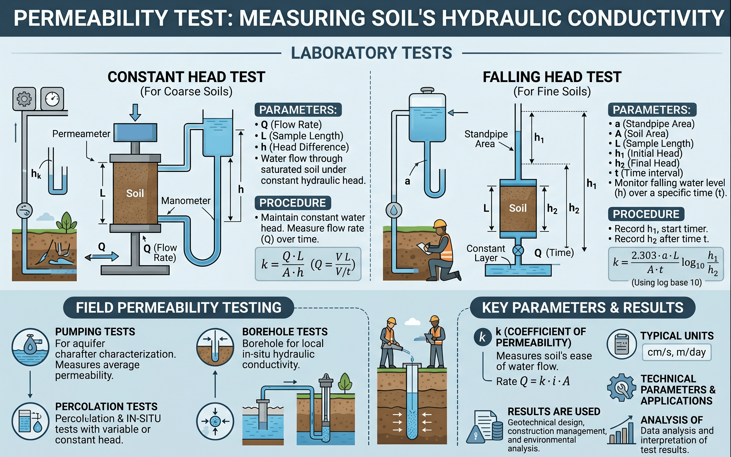 Instructional permeability test infographic showing constant head and falling head concepts, specimen flow path, head difference, and how hydraulic conductivity is interpreted in geotechnical engineering.
