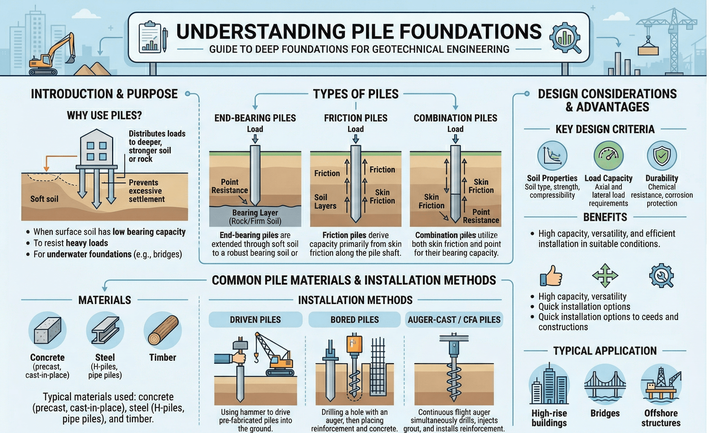 Pile foundations infographic showing structural load transfer through pile cap, shaft resistance, end bearing, and deep supporting soil layers