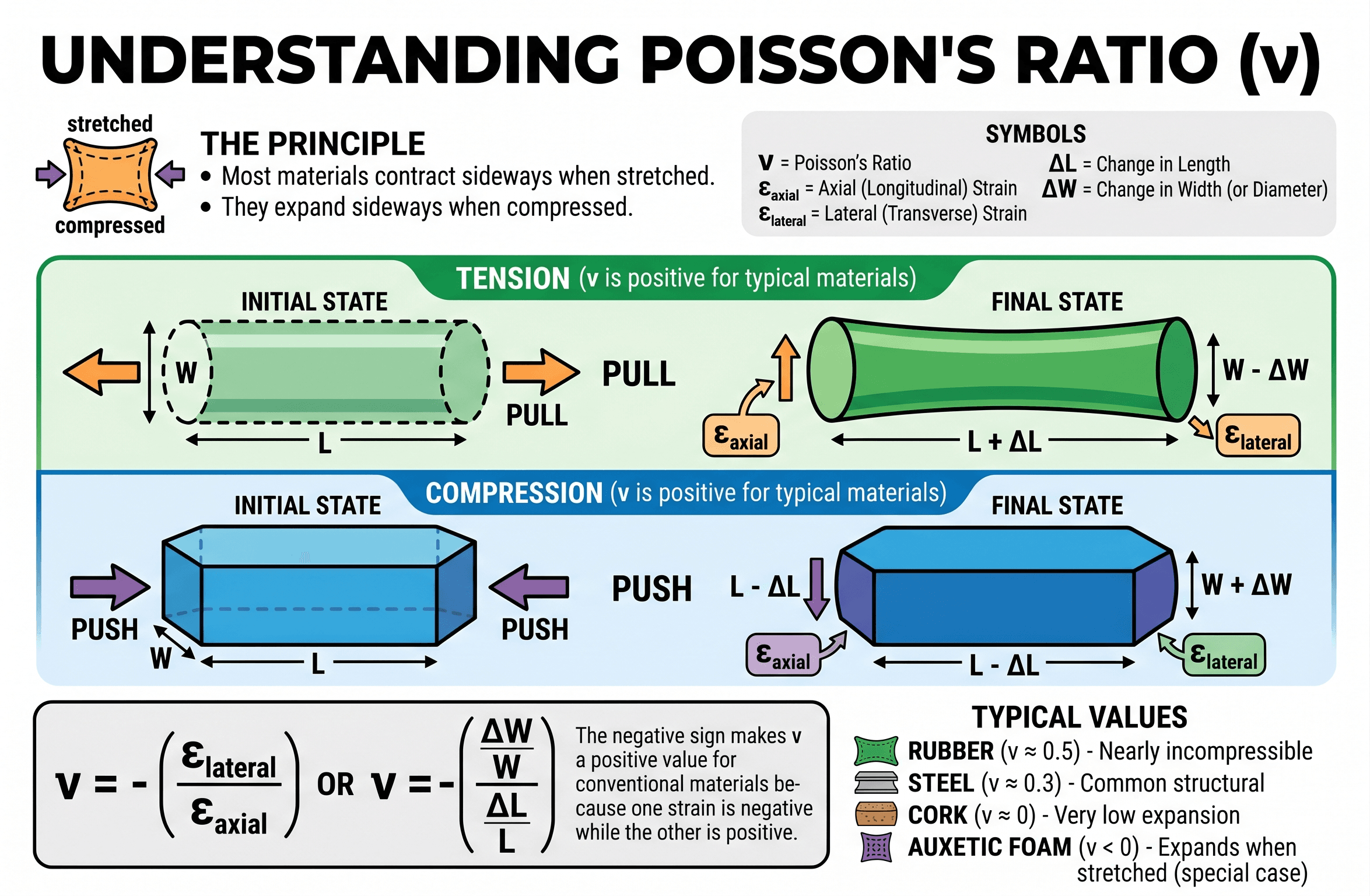 Poisson's Ratio diagram showing axial extension and lateral contraction in a stretched material specimen