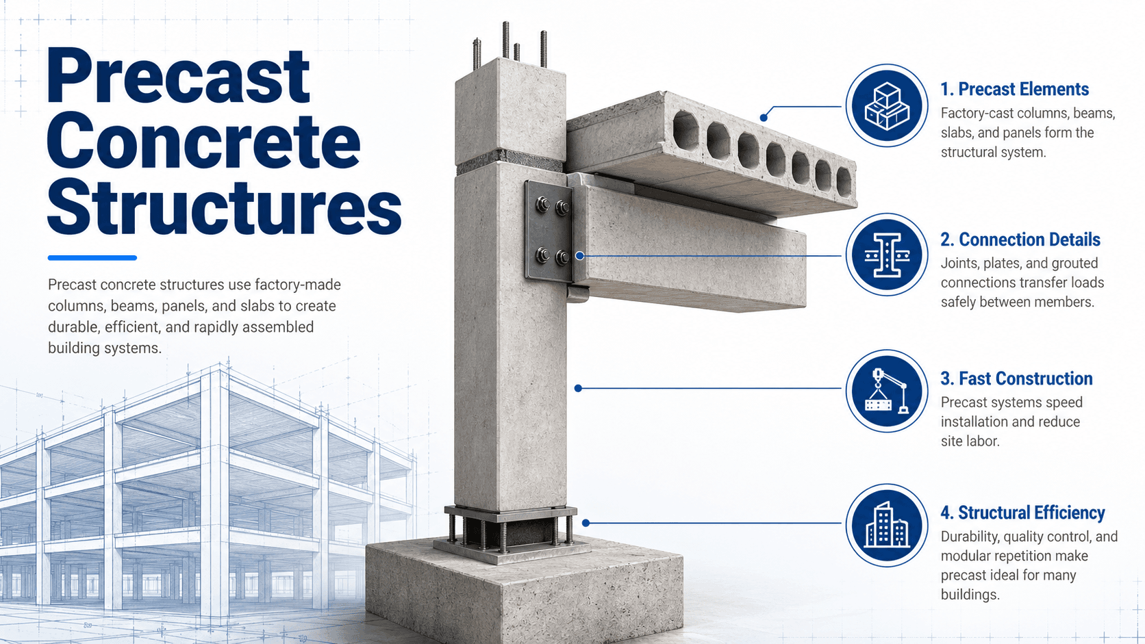 Diagram showing how precast concrete structures use factory-made beams, columns, slabs, wall panels, connections, and foundations to create a complete structural system
