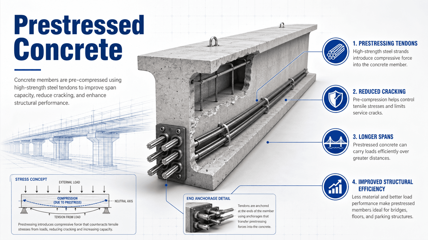 Diagram explaining prestressed concrete with tensioned tendons creating compression that offsets tensile bending stresses in a concrete member