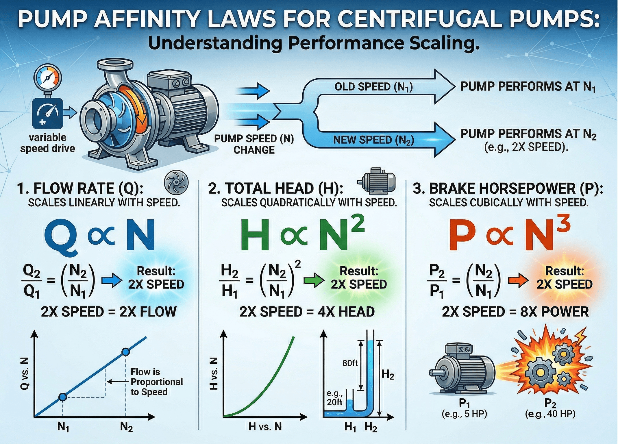 Engineering diagram showing pump affinity laws and how flow, head, and power scale with centrifugal pump speed