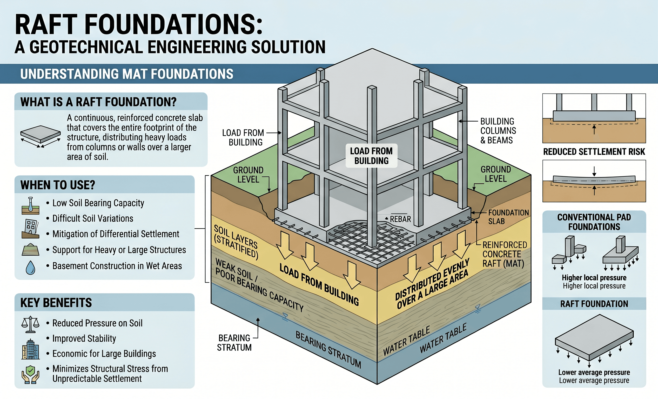 Instructional raft foundations diagram showing a building load path, continuous mat slab, soil bearing area, and settlement behavior beneath multiple columns