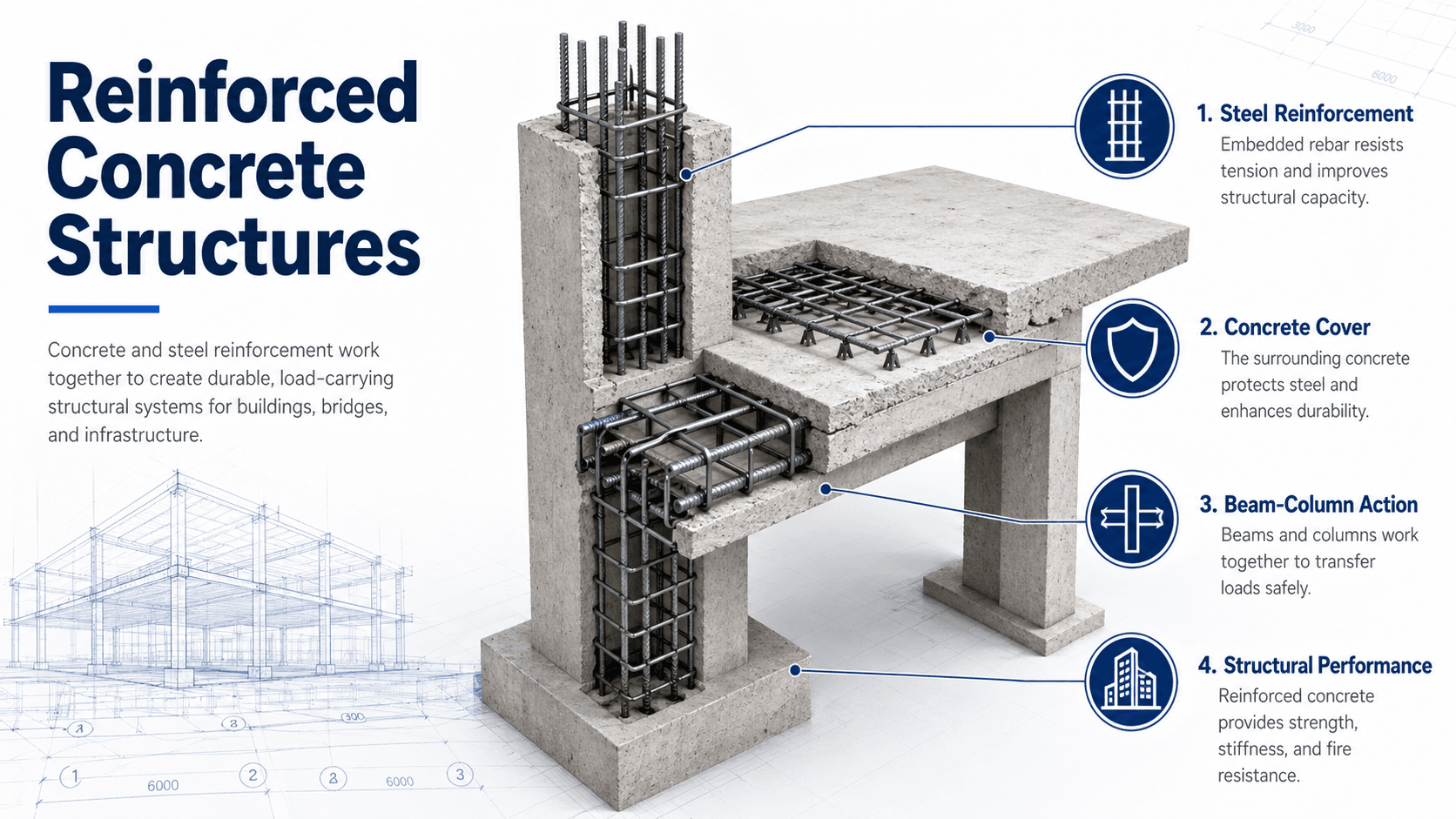 Reinforced concrete structures diagram showing concrete, steel reinforcement, slabs, beams, columns, walls, foundations, and load path behavior
