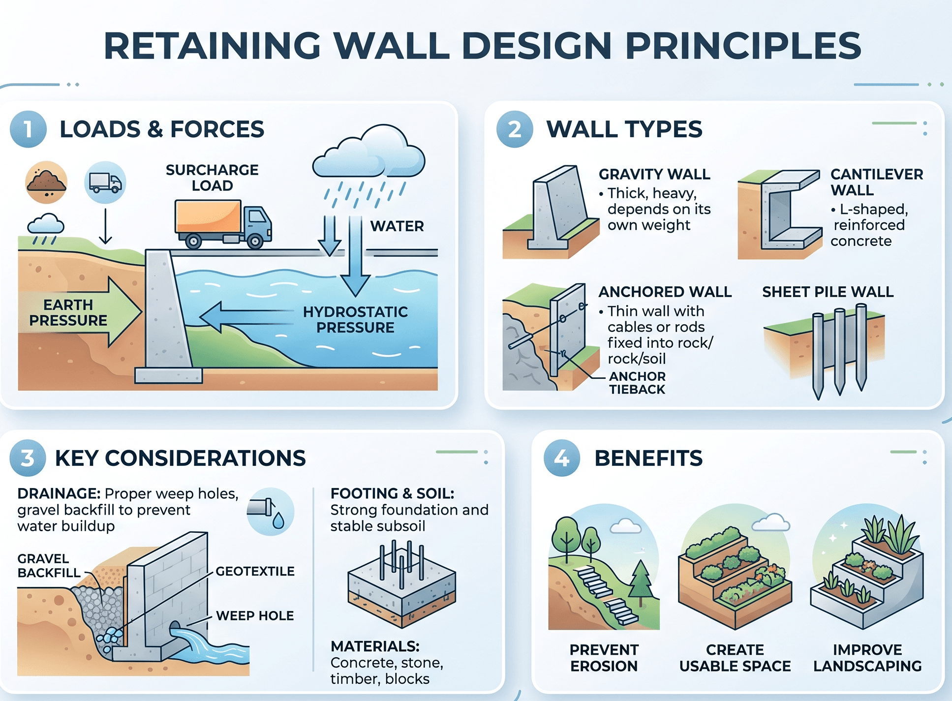 Instructional retaining wall design diagram showing wall geometry, retained soil, surcharge, drainage path, lateral earth pressure, and the main stability checks