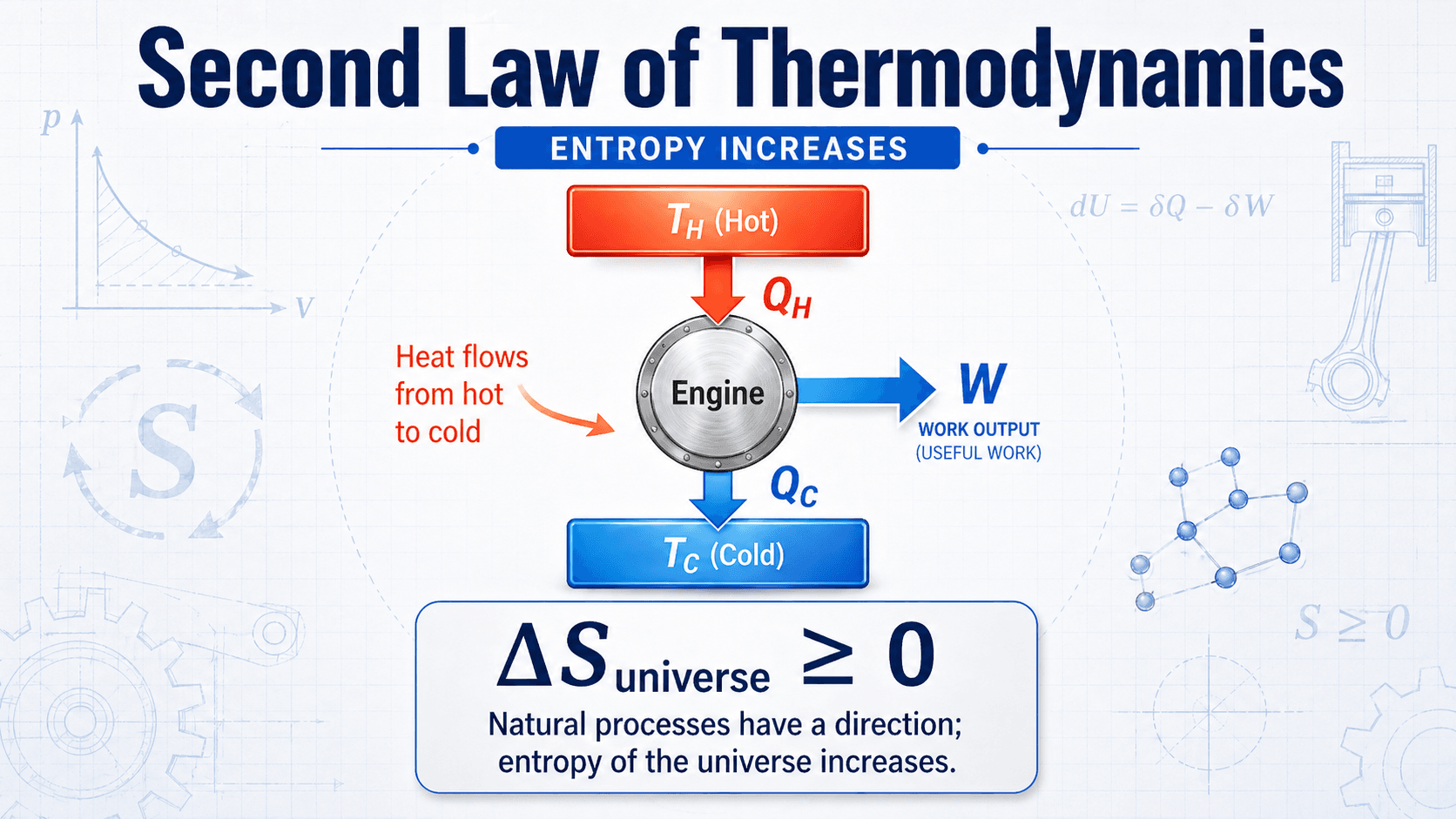 Diagram explaining the Second Law of Thermodynamics with heat flow, entropy increase, useful work, and waste heat in an engineering system