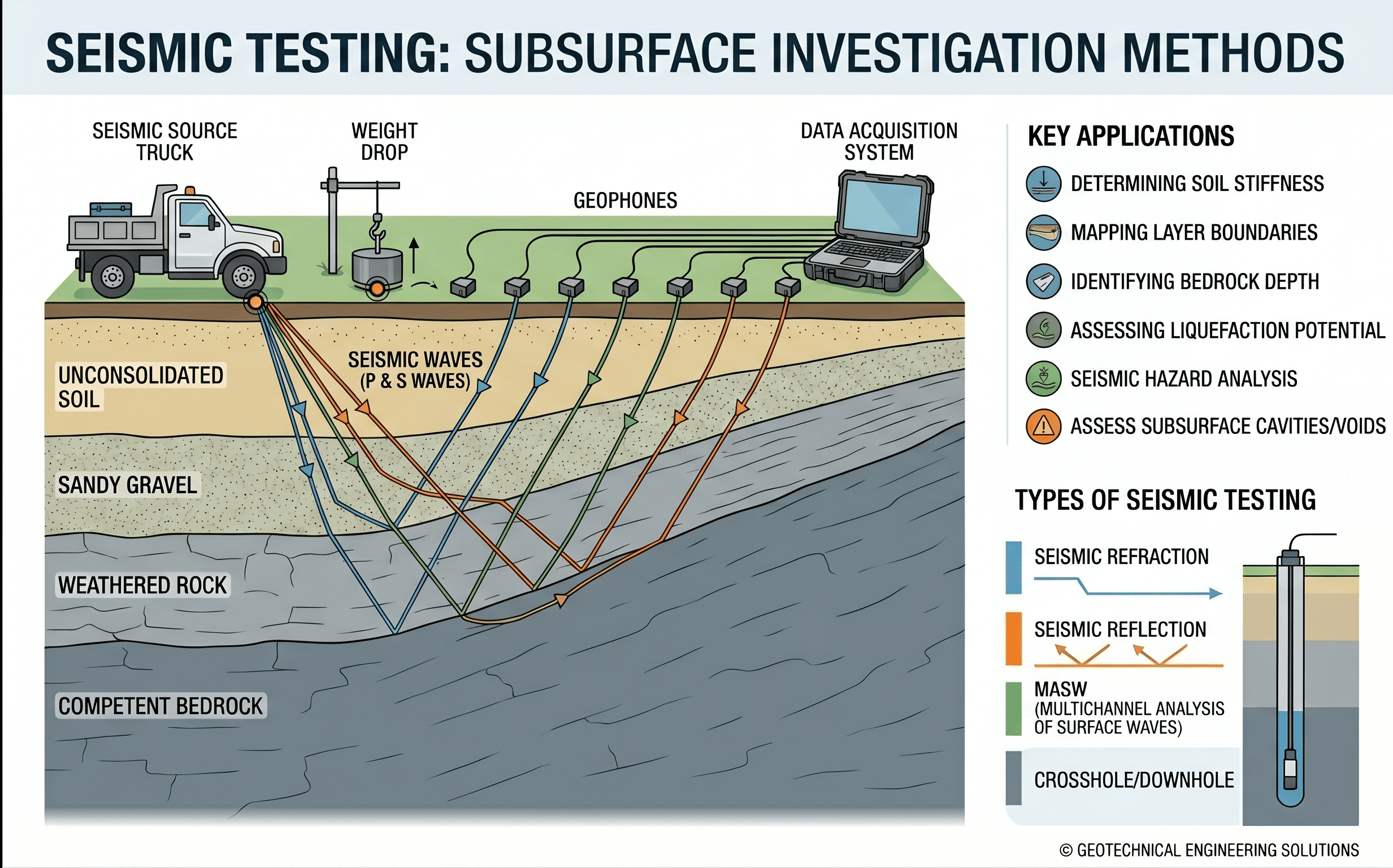 Instructional seismic testing infographic showing wave paths, soil layers, shear-wave velocity profiling, boreholes, and how seismic methods are used to interpret geotechnical ground conditions