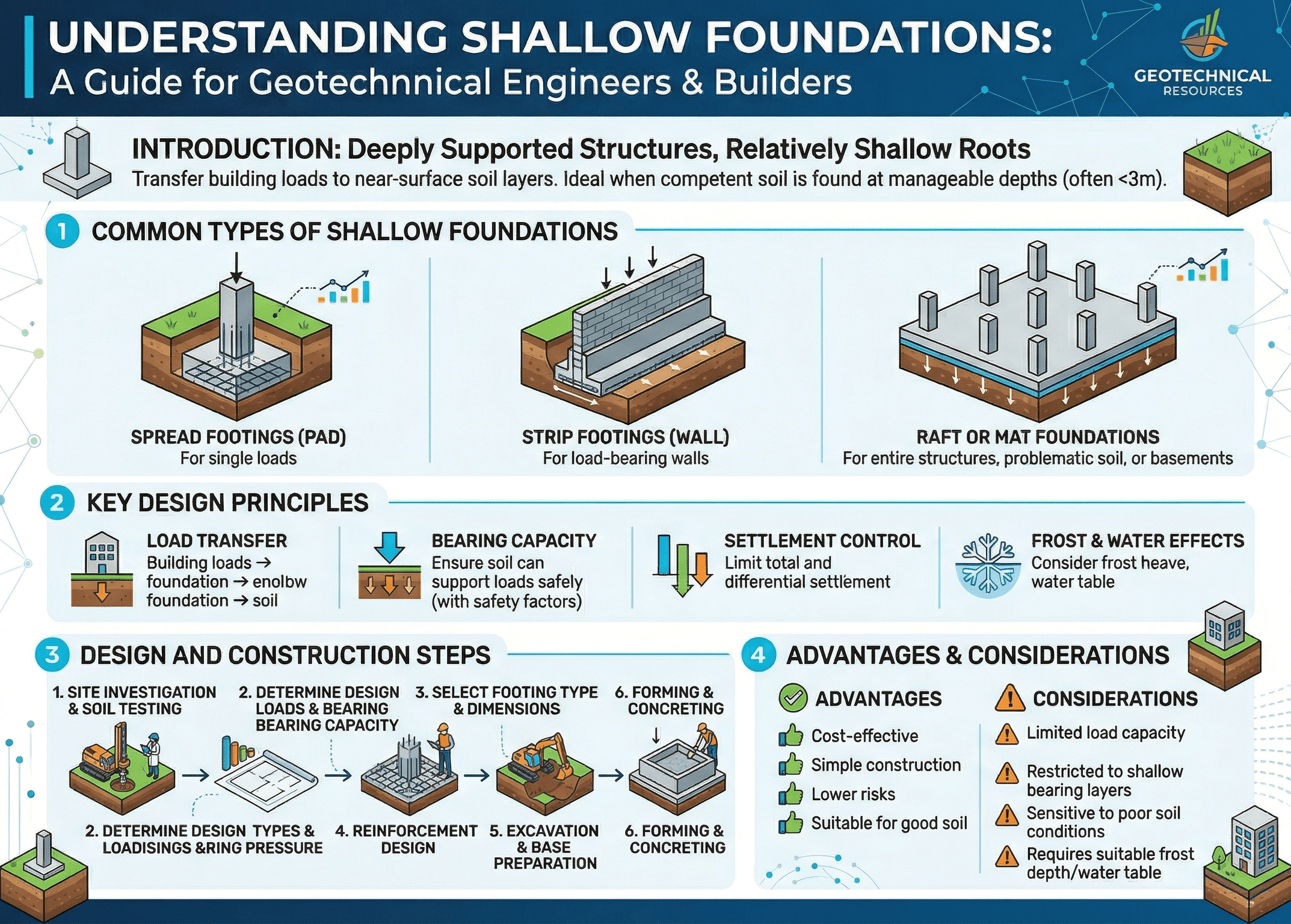 Shallow foundations infographic showing pad, strip, combined, and mat footings transferring building loads into near-surface soil with checks for bearing pressure, settlement, groundwater, and footing geometry